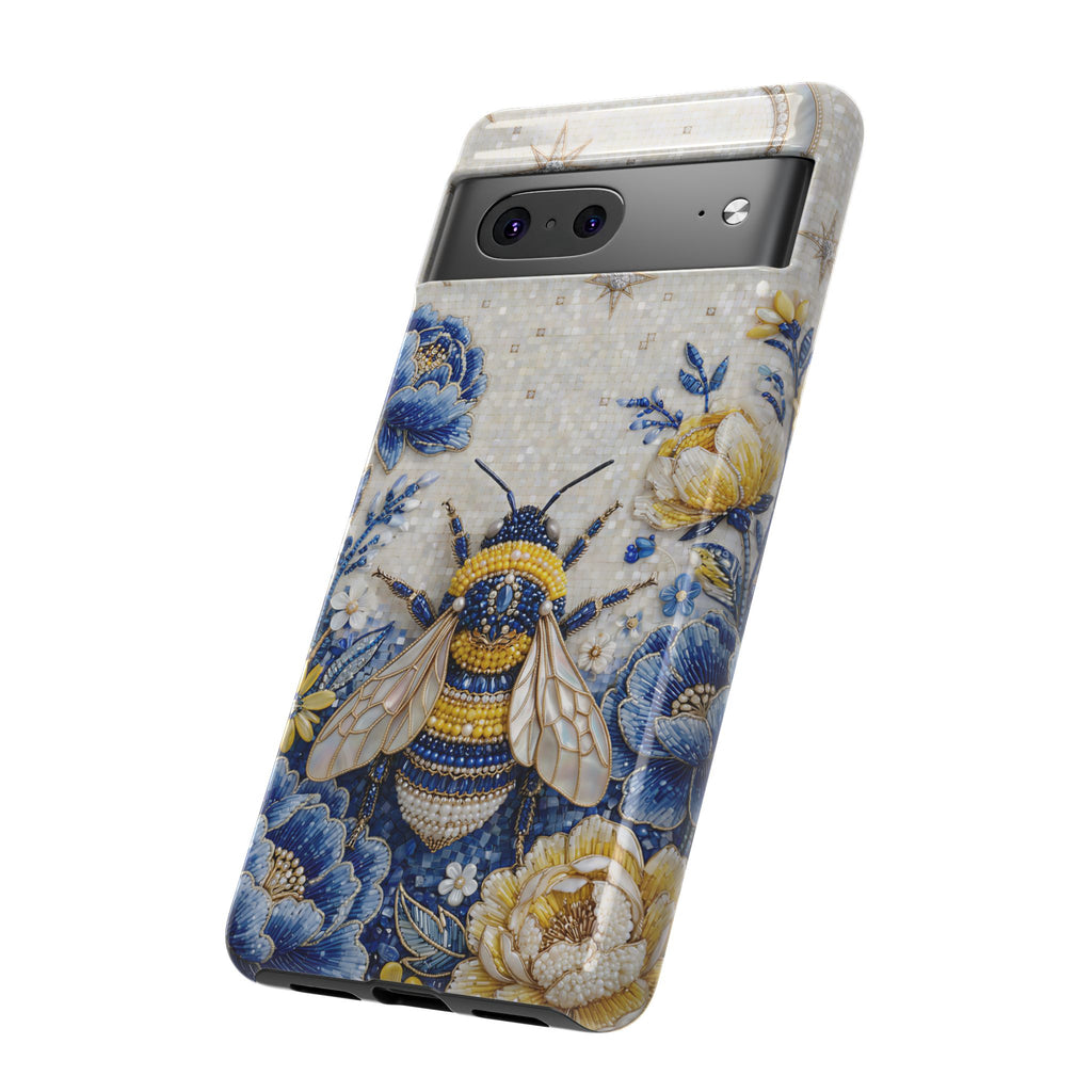 Custodia per telefono Google Pixel "Ape floreale" resistente | Design a giardino lunare blu e giallo