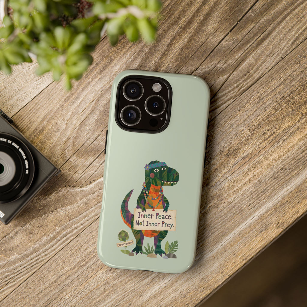 Funny T Rex Tough iPhone Case | Sage Green Inner Peace Dinosaur Cover