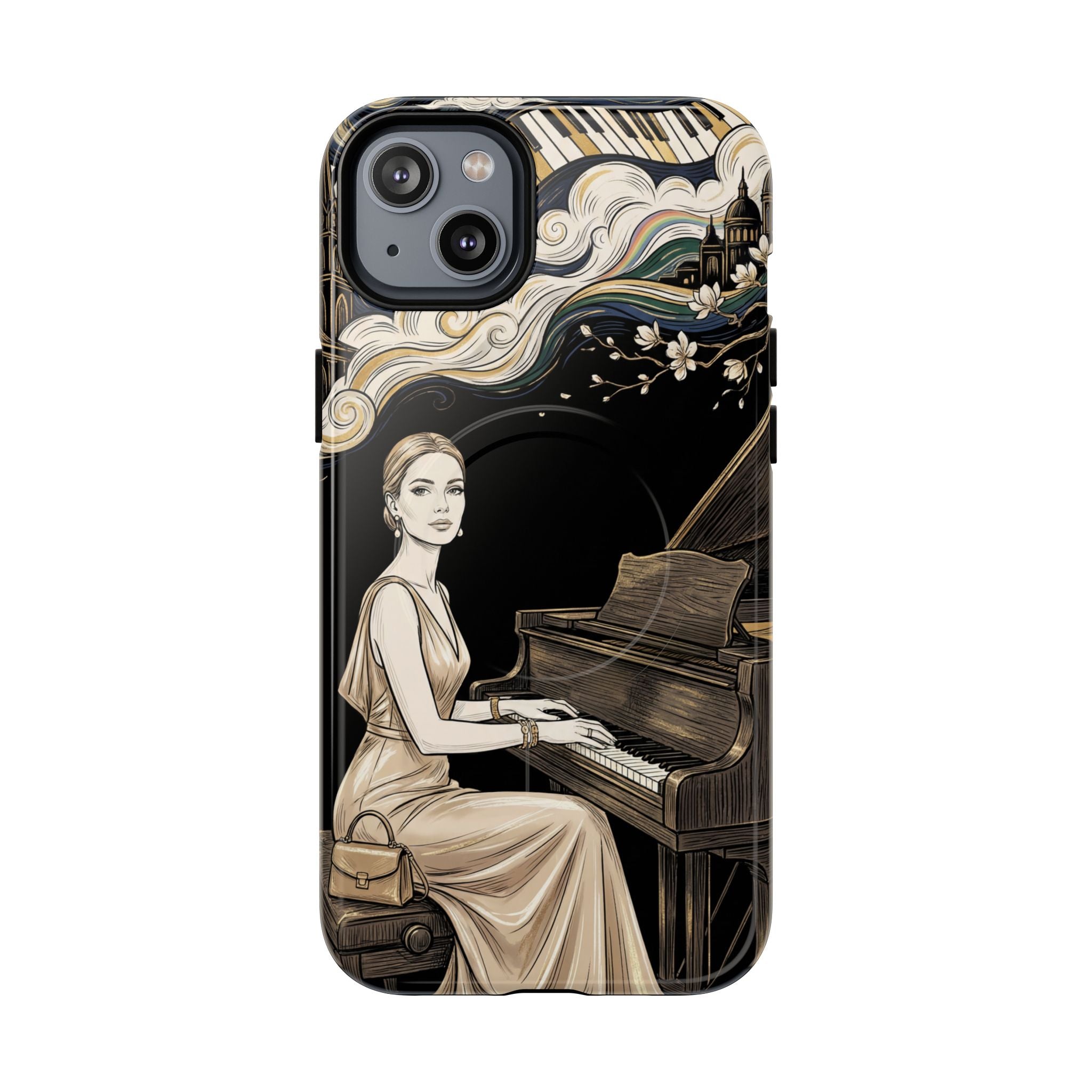 Elegant Piano Woman MagSafe iPhone Case | Vintage Art Deco Music Design