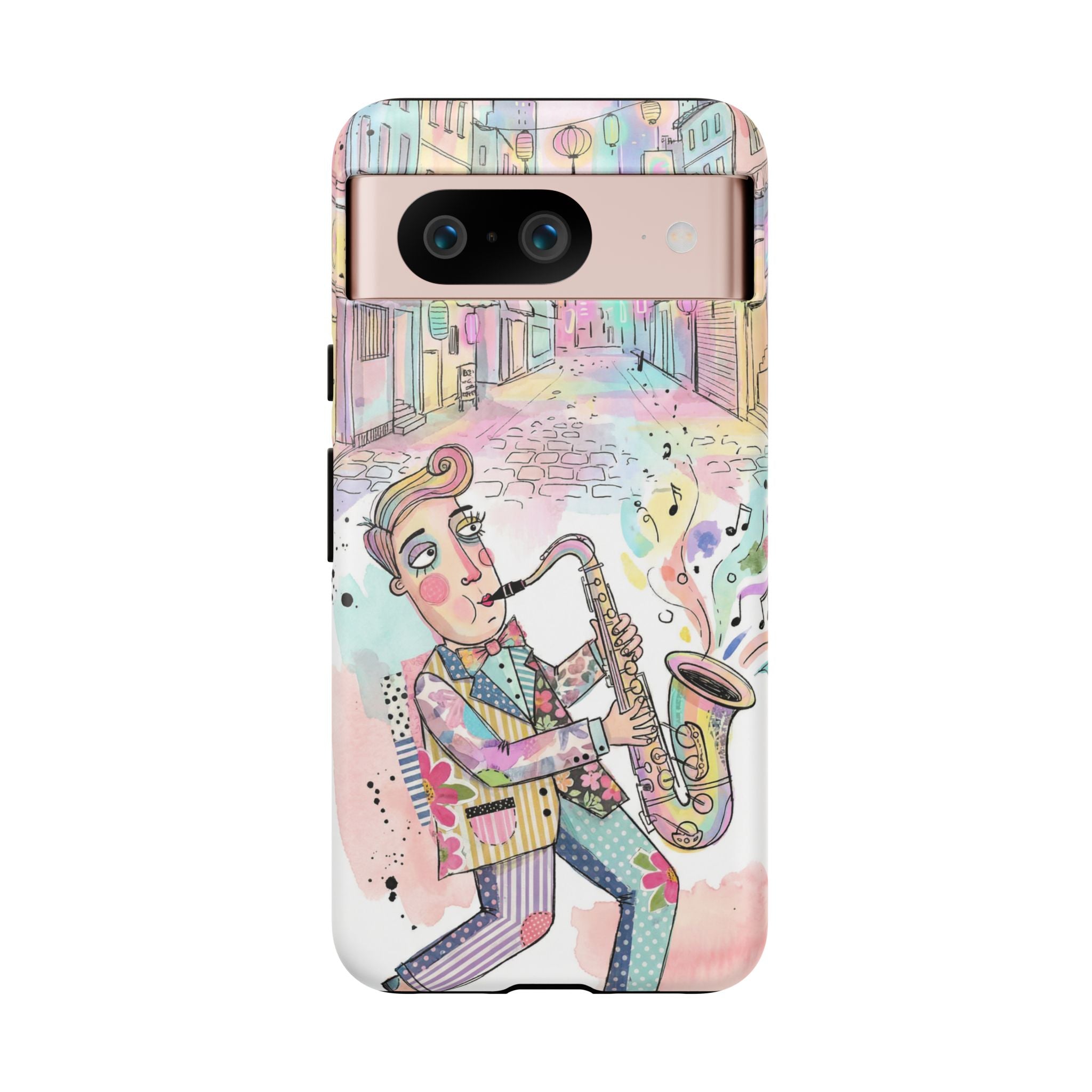 Sax Player Art Google Pixel Phone Case | Pastel Jazz Street Illustration
