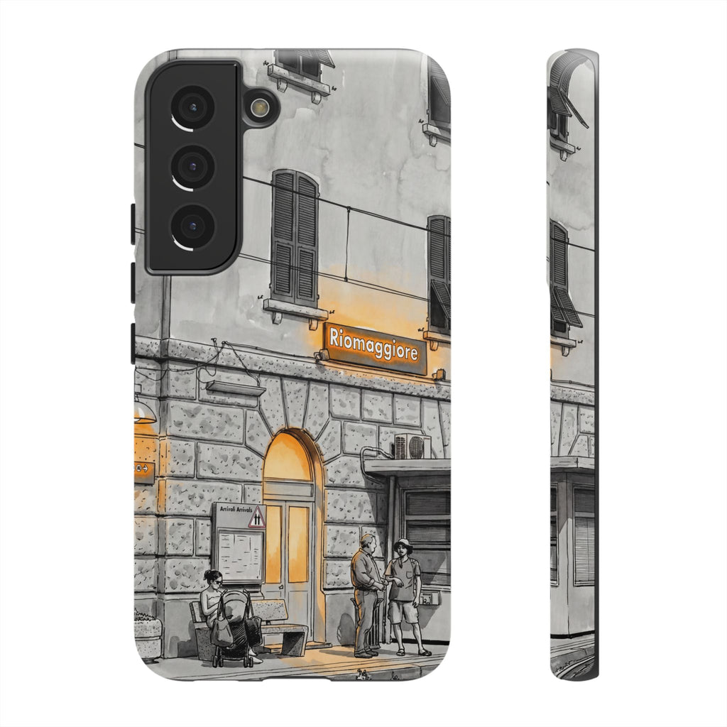 Custodia per Samsung Galaxy con stazione ferroviaria Cinque Terre | Schizzo in bianco e nero con accenti gialli caldi