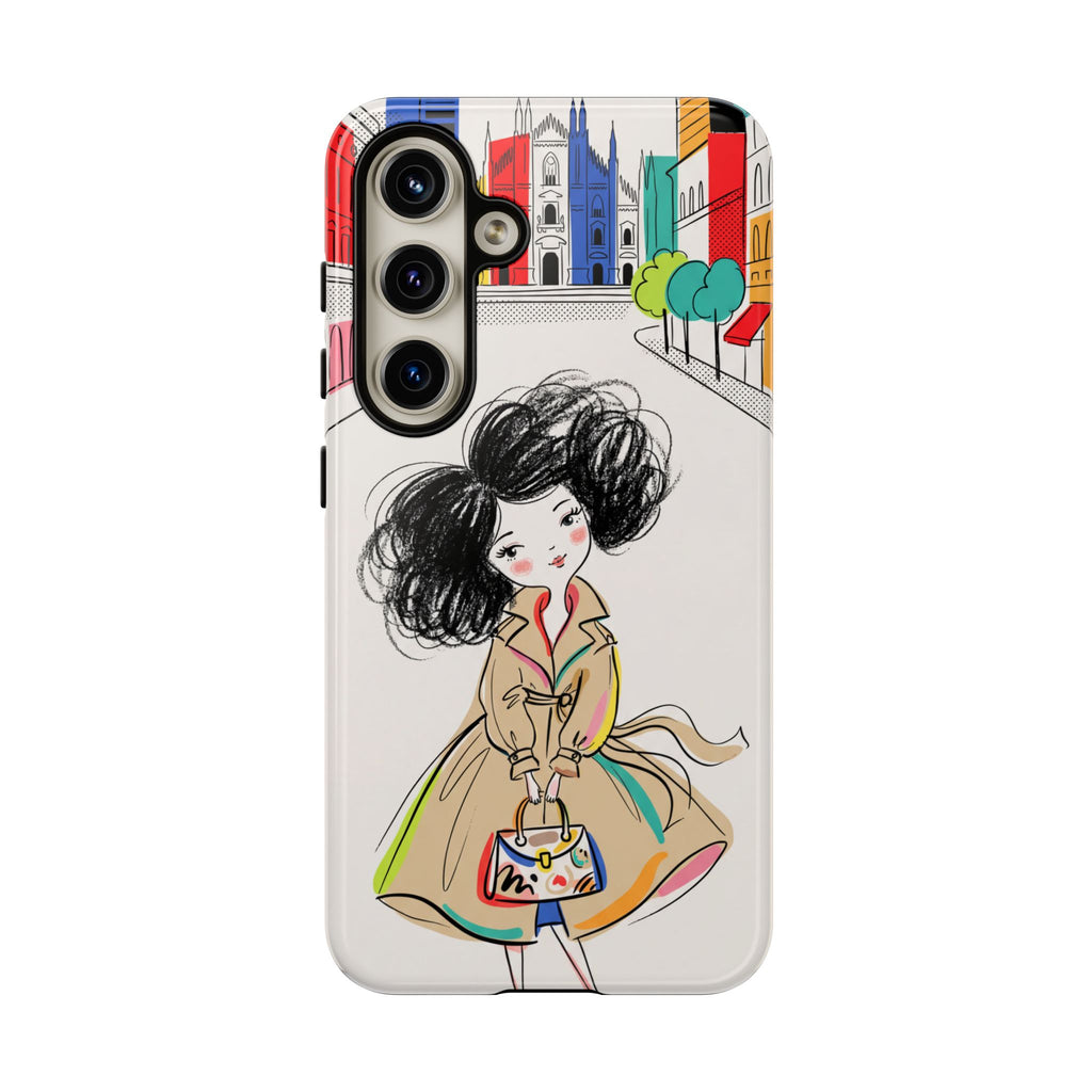 Custodia per Samsung Galaxy Ragazza di Città Chic con Trench Illustrato