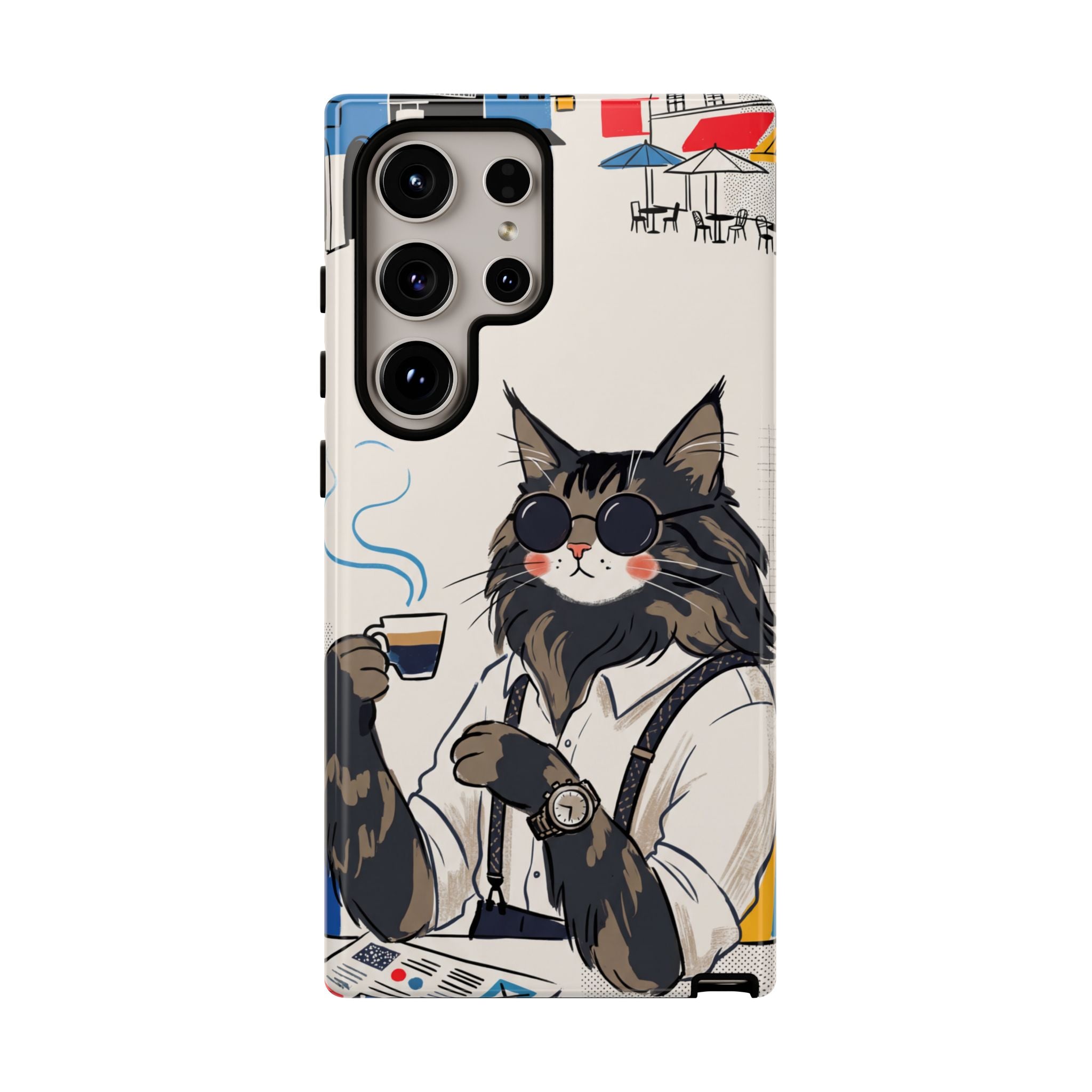 Cat Barista Samsung Galaxy Phone Case | Cool Cat in Sunglasses Coffee Shop Design