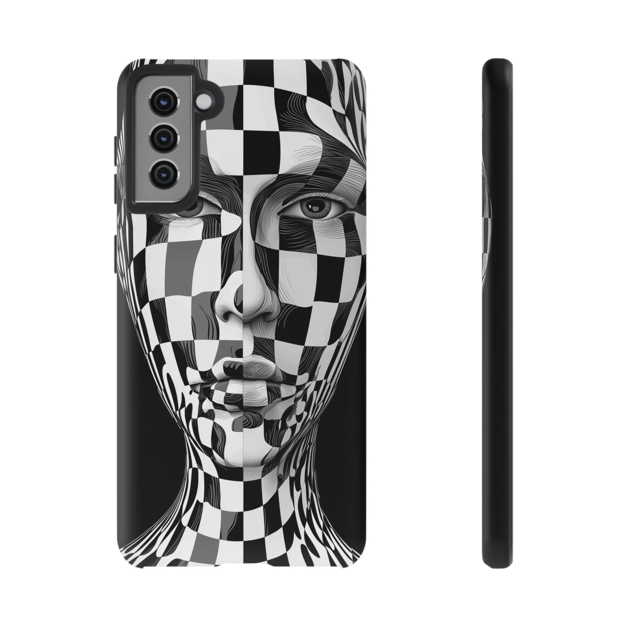 Checkerboard Face Tough Samsung Galaxy Case — Black & White Surreal Art Protective Cover