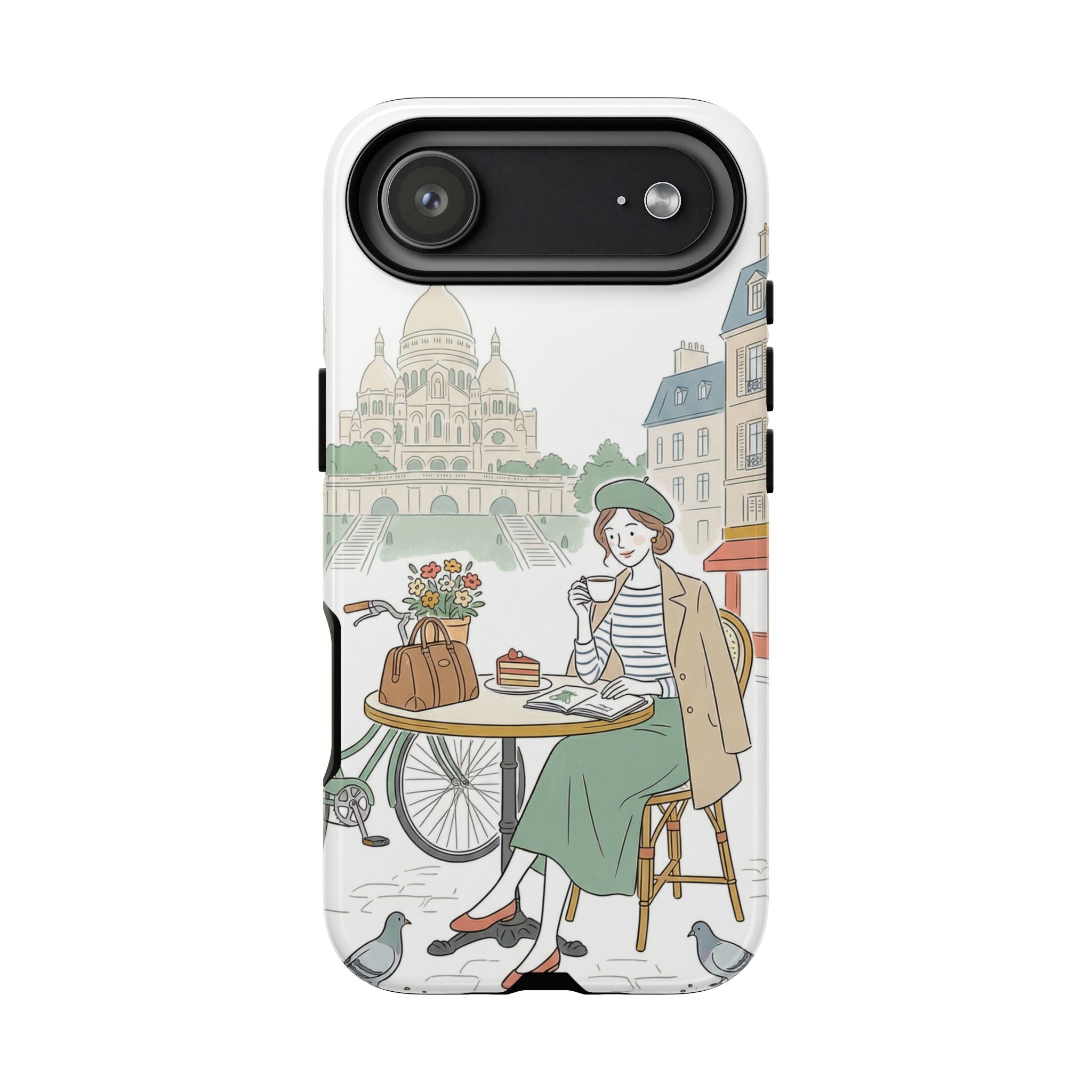 Paris Cafe Illustration iPhone Case | Vintage Bicycles & Pigeons Protective Cover