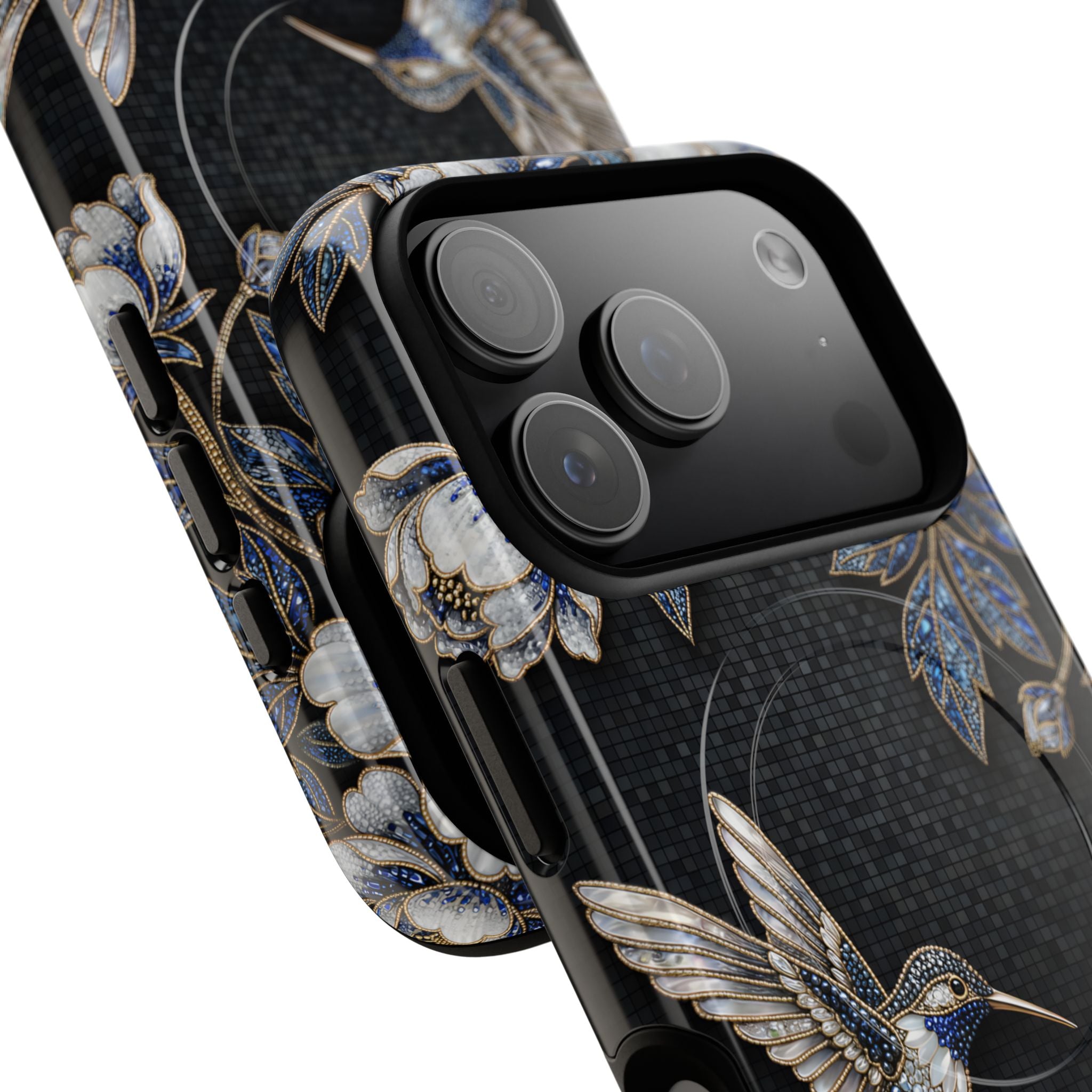 Hummingbird & Peony Floral MagSafe iPhone Case | Elegant Black Protective Cover