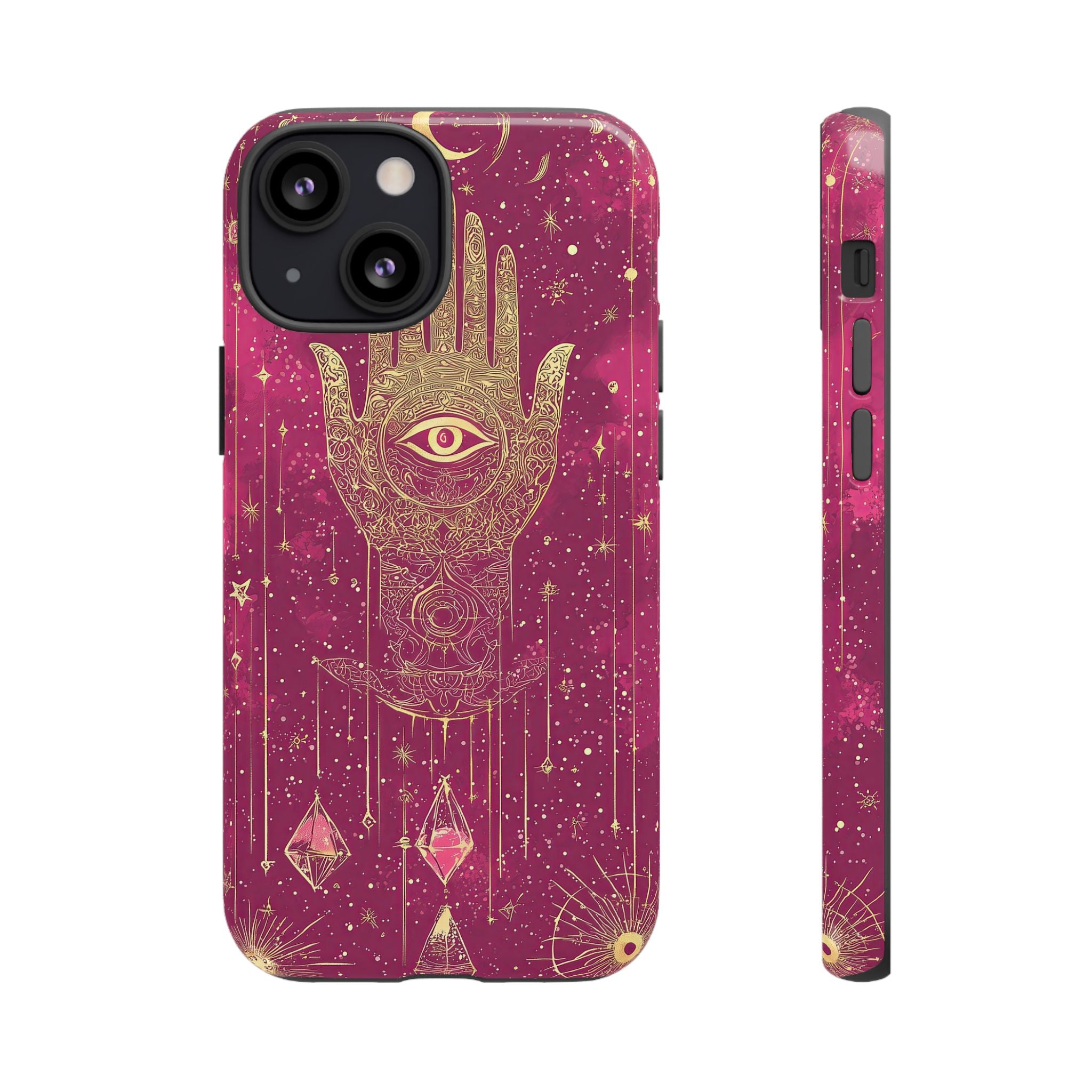 Mystic Hamsa iPhone Case | Gold Palm & All-Seeing Eye on Magenta Galaxy