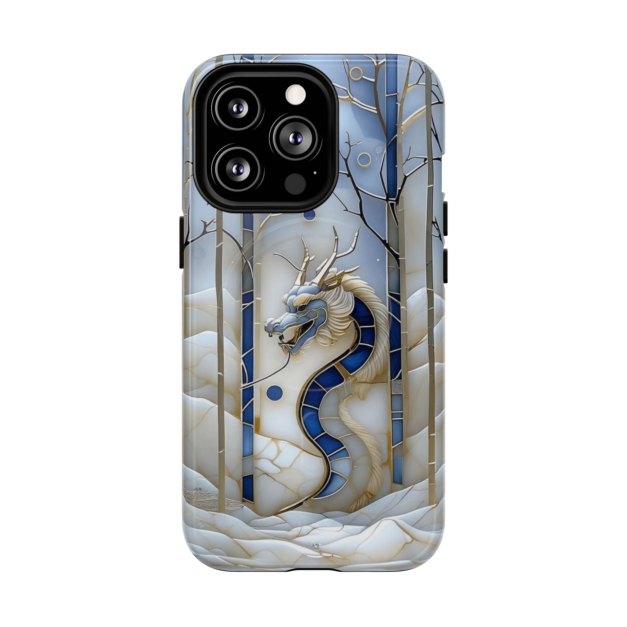Dragon Stained Glass Tough MagSafe Phone Case — Blue & Ivory Medieval Art