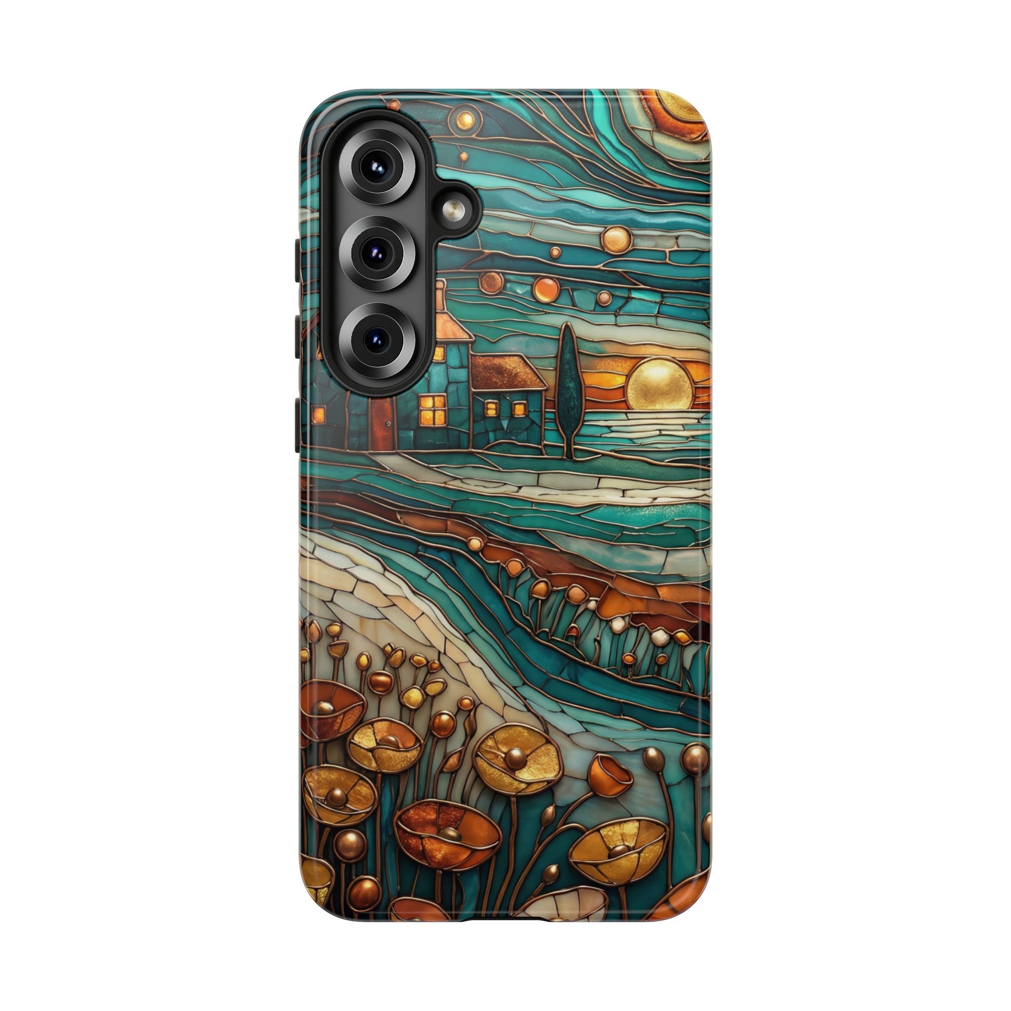 Artistic Sunset Cottage Samsung Galaxy Case | Whimsical Floral Landscape Protective Cover