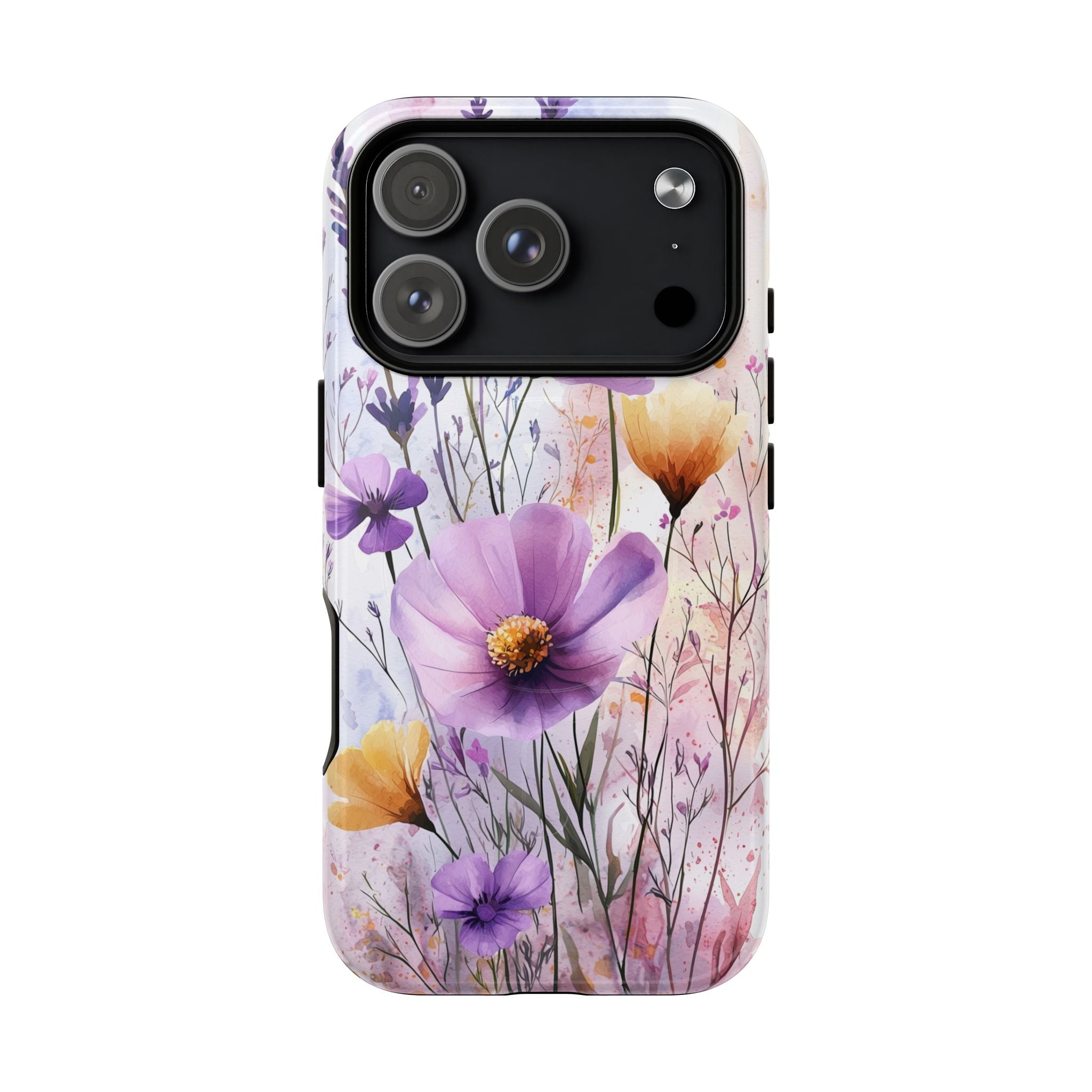 Custodia MagSafe resistente per iPhone con motivo acquerello floreale | Fiori di campo viola e gialli