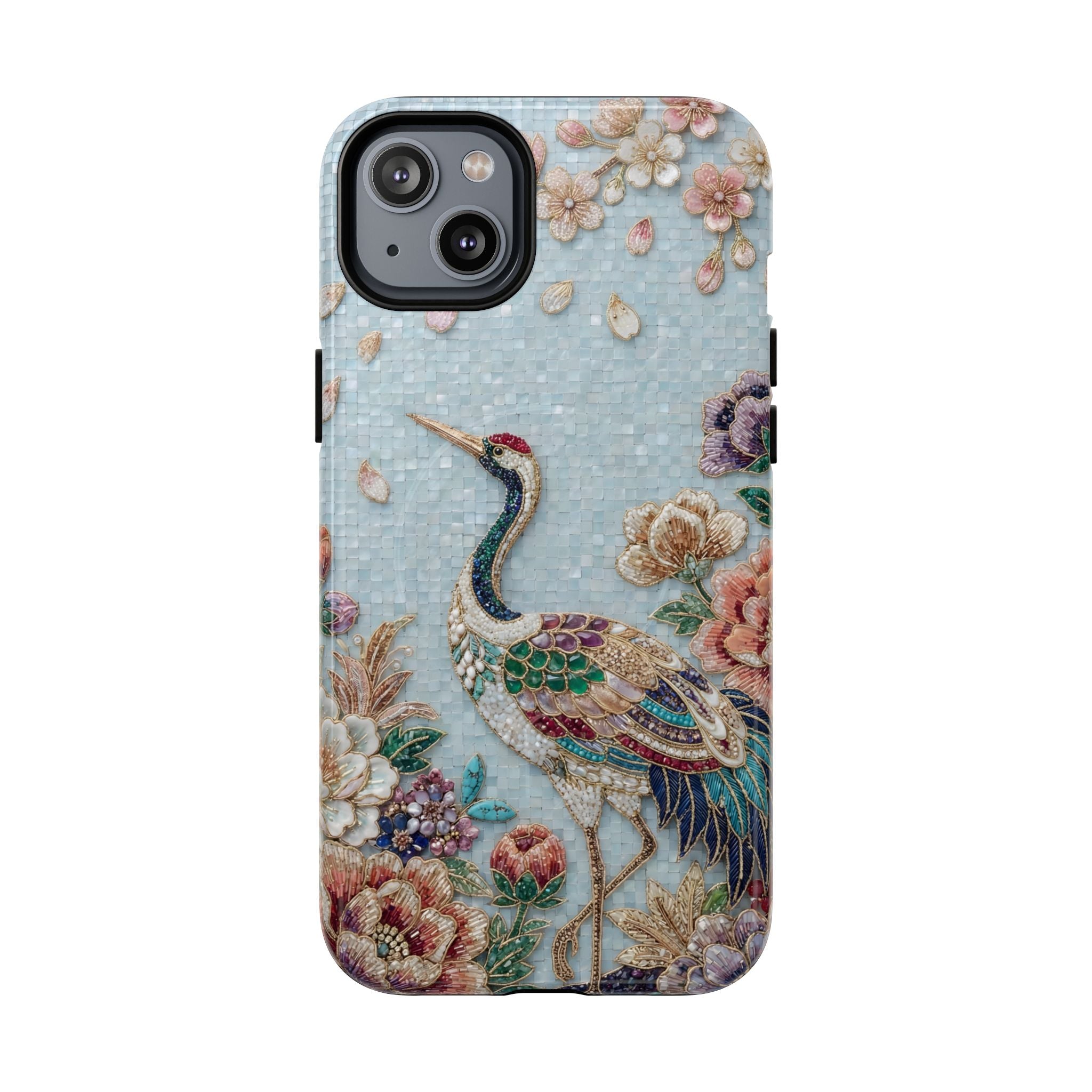 Floral Crane Tough MagSafe iPhone Case | Vintage Embroidered Bird Protection