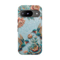 Cover per telefono Google Pixel "Hummingbird Floral Tough" | Design vintage floreale blu