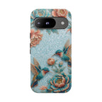 Cover per telefono Google Pixel "Hummingbird Floral Tough" | Design vintage floreale blu