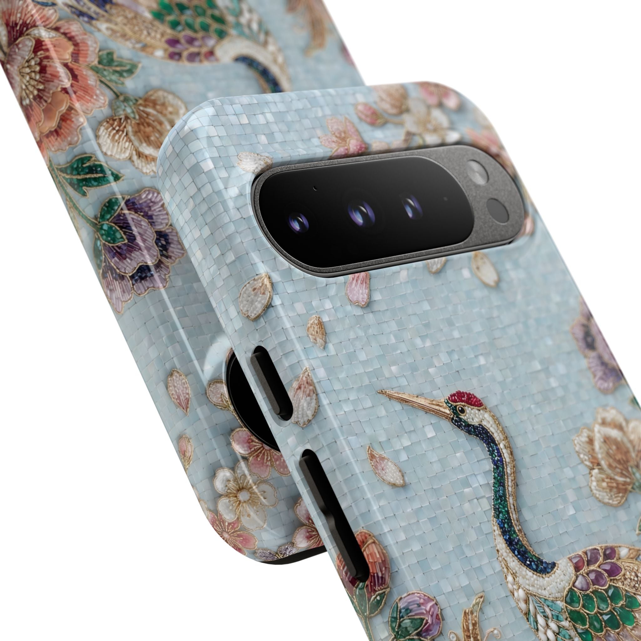Floral Crane Tough Google Pixel Phone Case | Vintage Embroidered Bird Protection