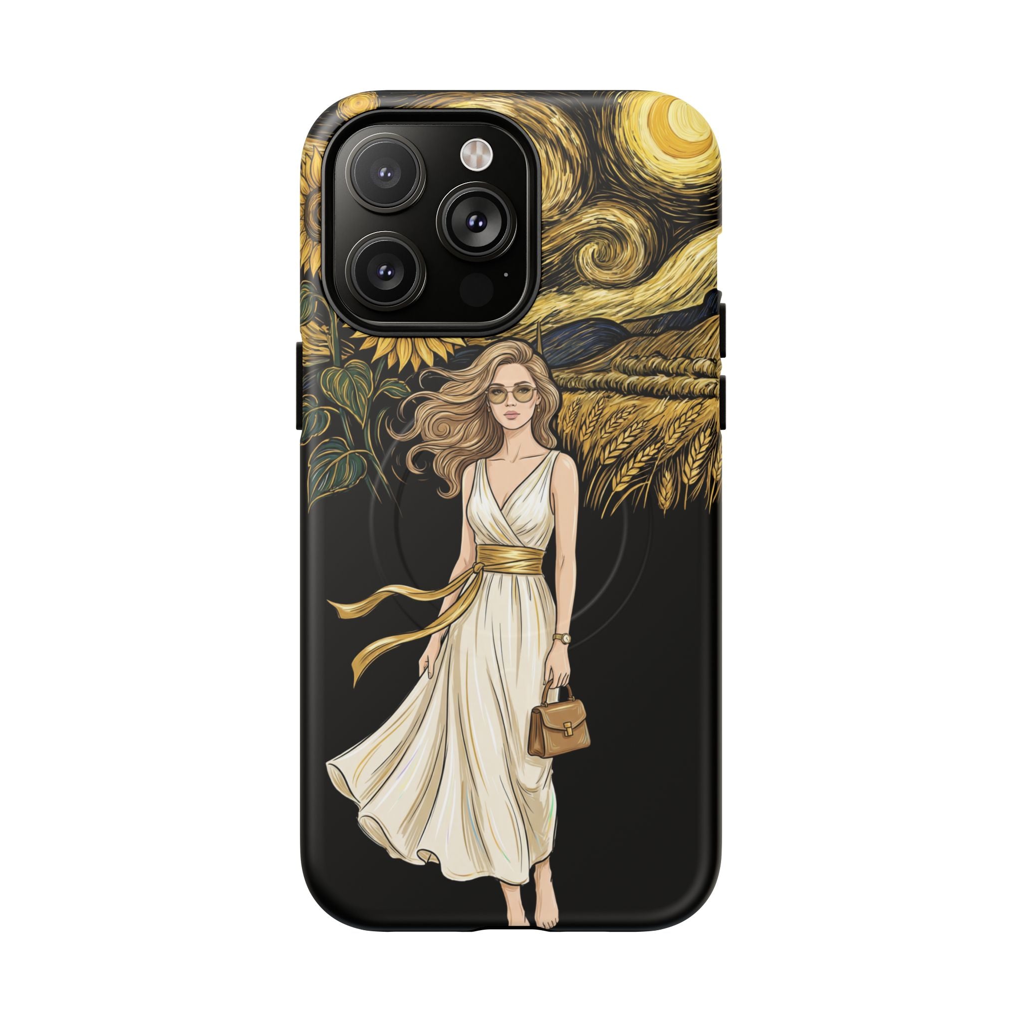 Sunflower Night MagSafe iPhone Case | Woman in Flowing Dress Van Gogh Style