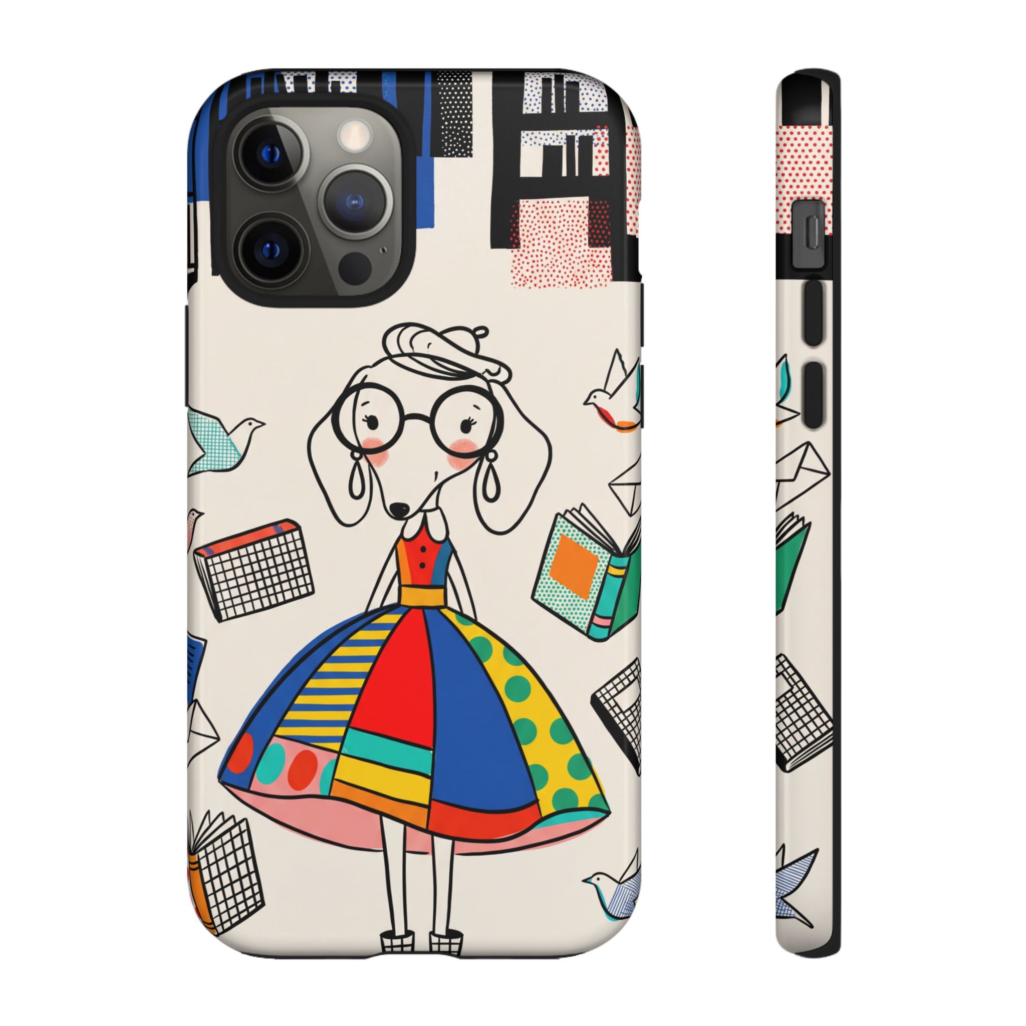 Cute Dachshund Dog Illustration iPhone Case | Colorful Whimsical Book & Bird Design
