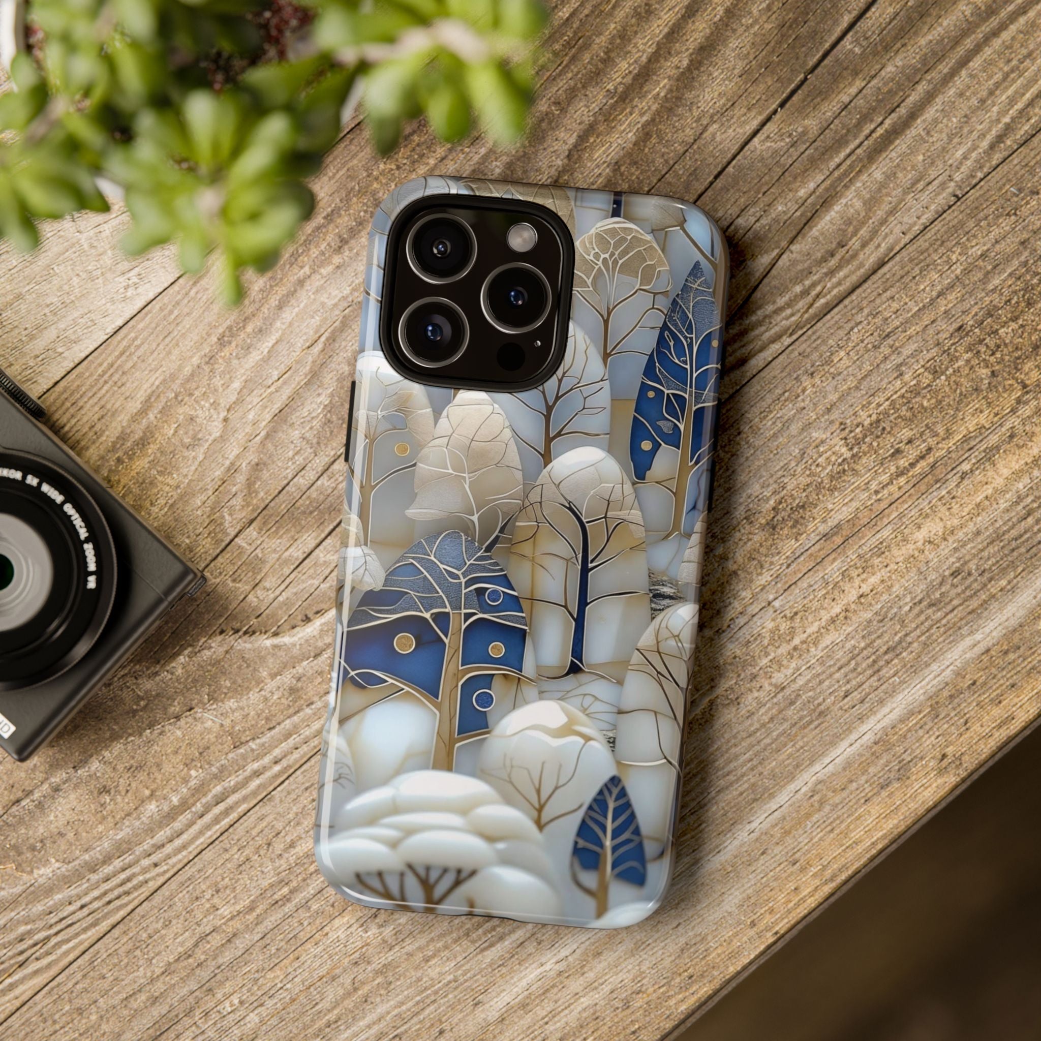 Blue Gold Winter Forest iPhone Case — Elegant Tree Pattern Tough Case
