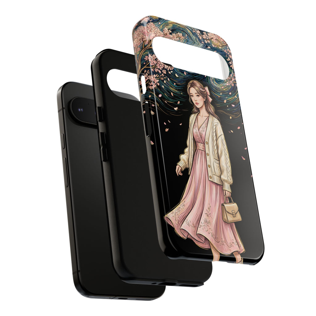 Floral Starry Night Google Pixel Phone Case | Elegant Girl in Pink Dress