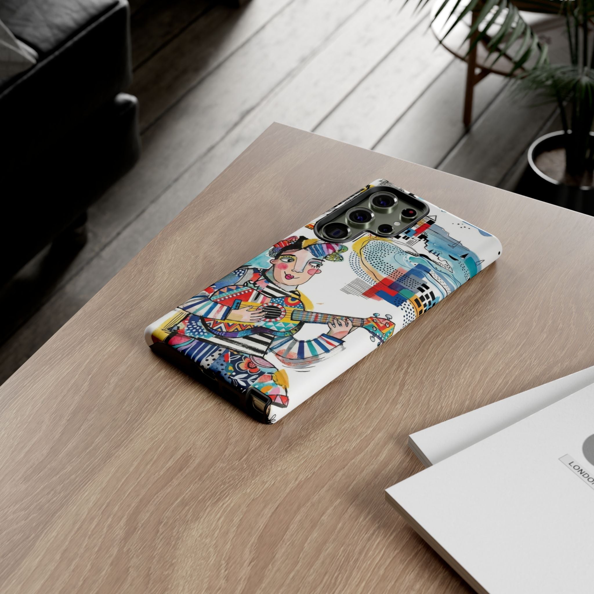 Custodia per Samsung Galaxy per Musicisti Artistici | Custodia Resistente con Chitarra Colorata e Paesaggio Urbano
