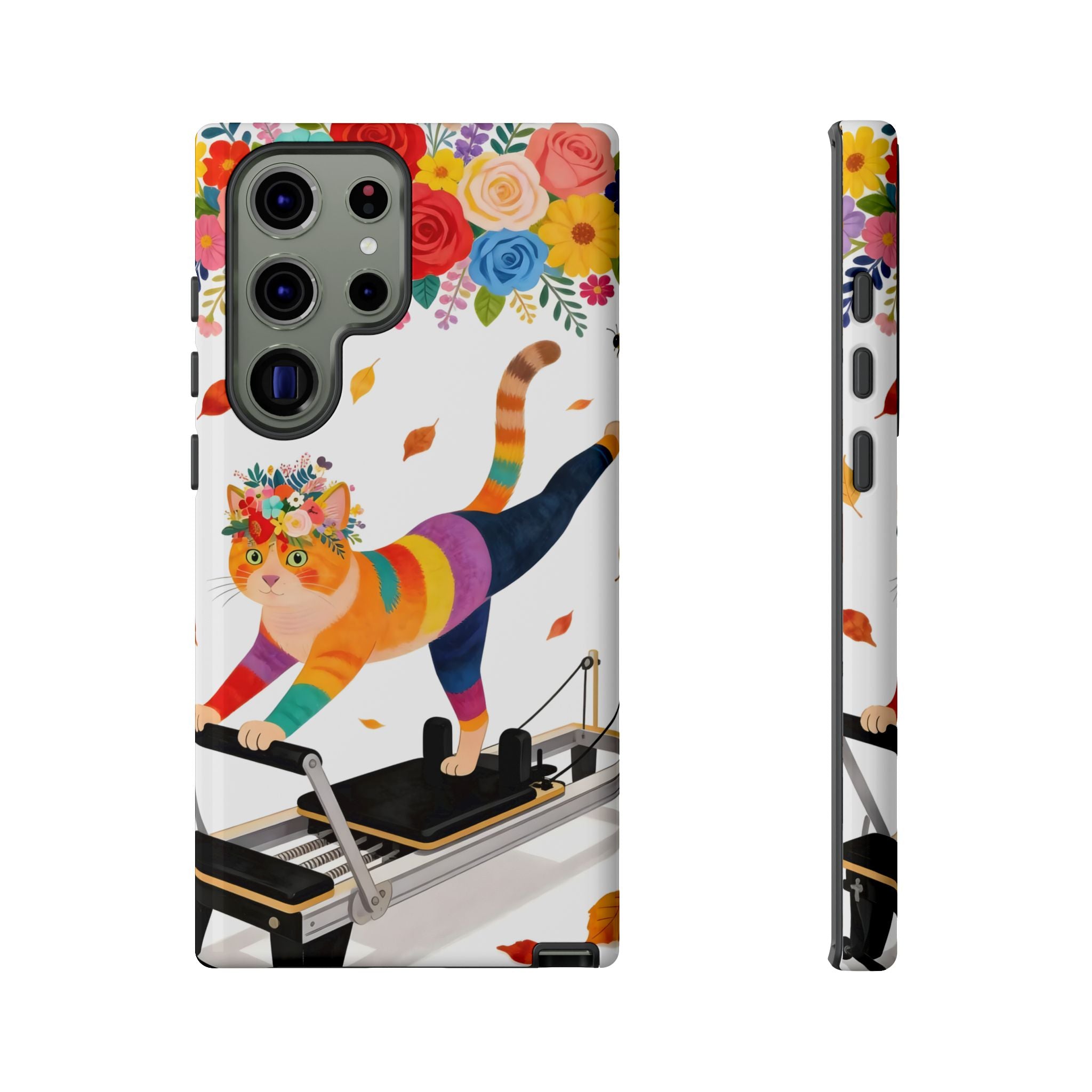 Cat Pilates Samsung Galaxy Phone Case | Floral Rainbow Cat on Reformer