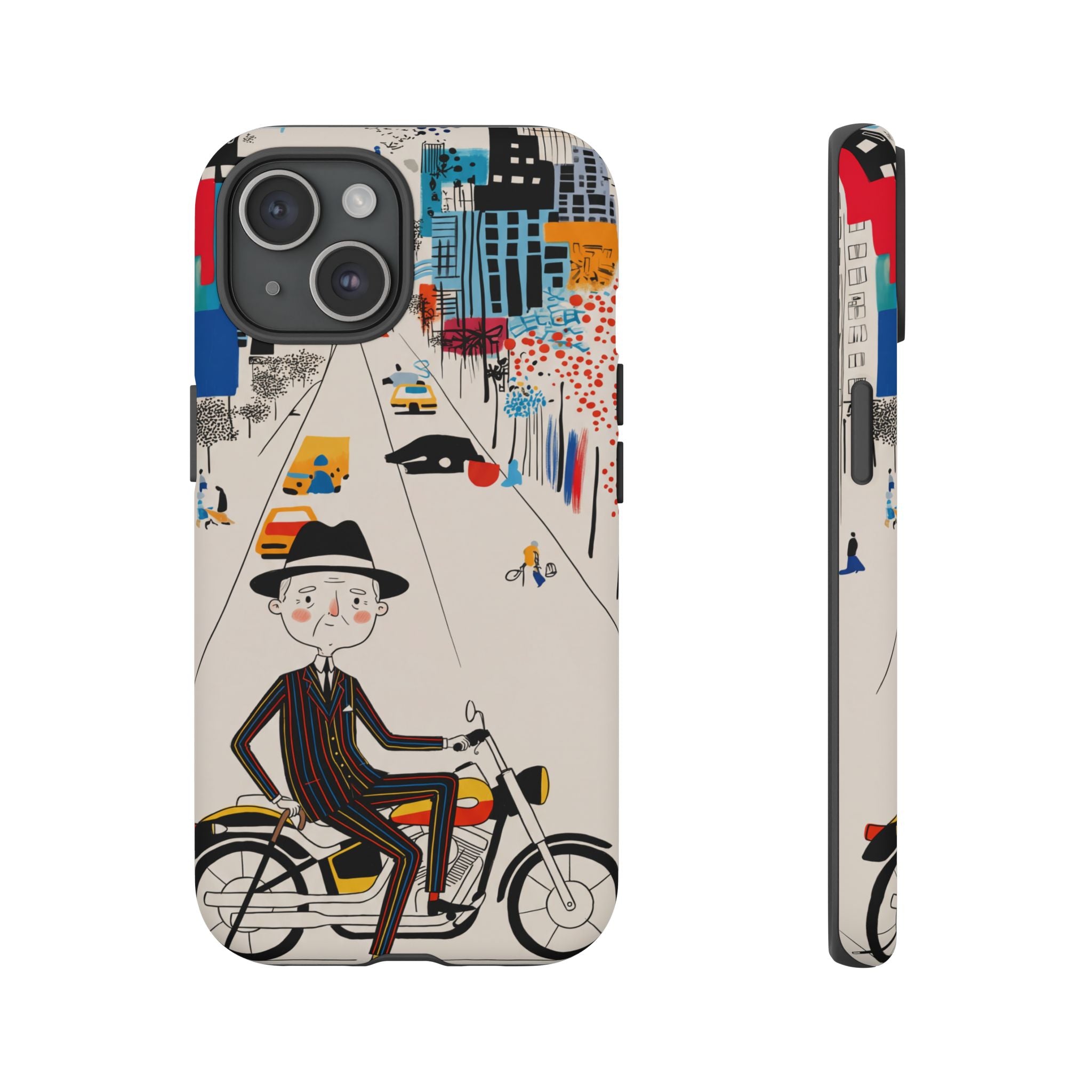 Vintage Grandpa Rider Motorcycle iPhone Case | Illustrated Cityscape