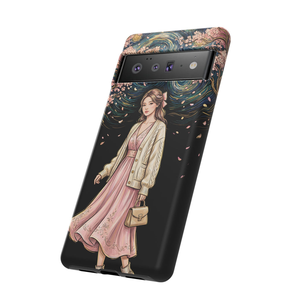 Floral Starry Night Google Pixel Phone Case | Elegant Girl in Pink Dress