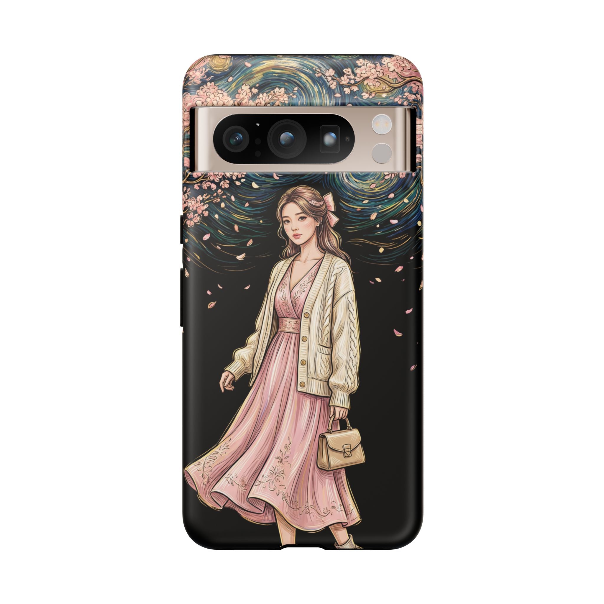 Floral Starry Night Google Pixel Phone Case | Elegant Girl in Pink Dress