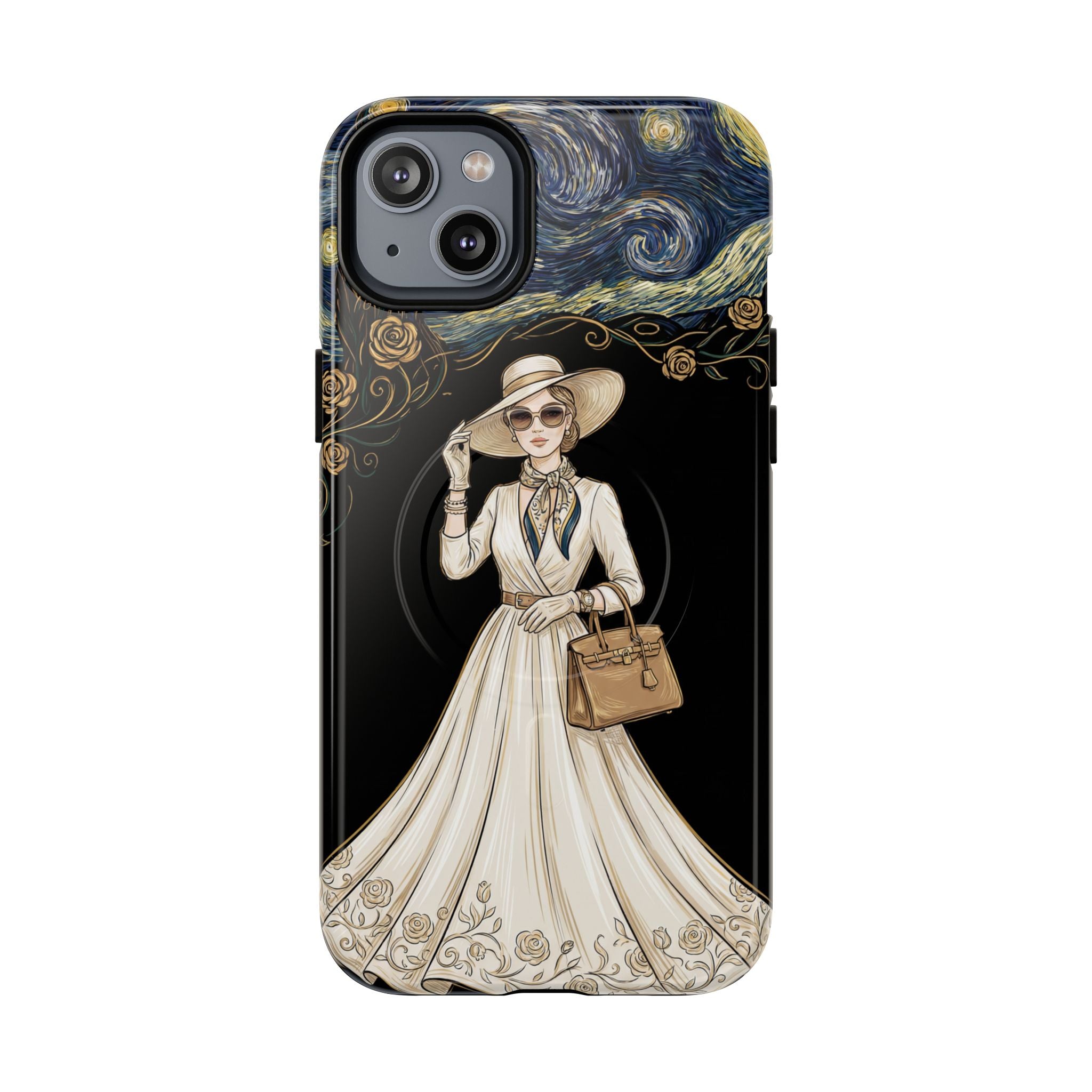 Vintage Starry Night Fashion MagSafe iPhone Case | Elegant Lady in White Dress