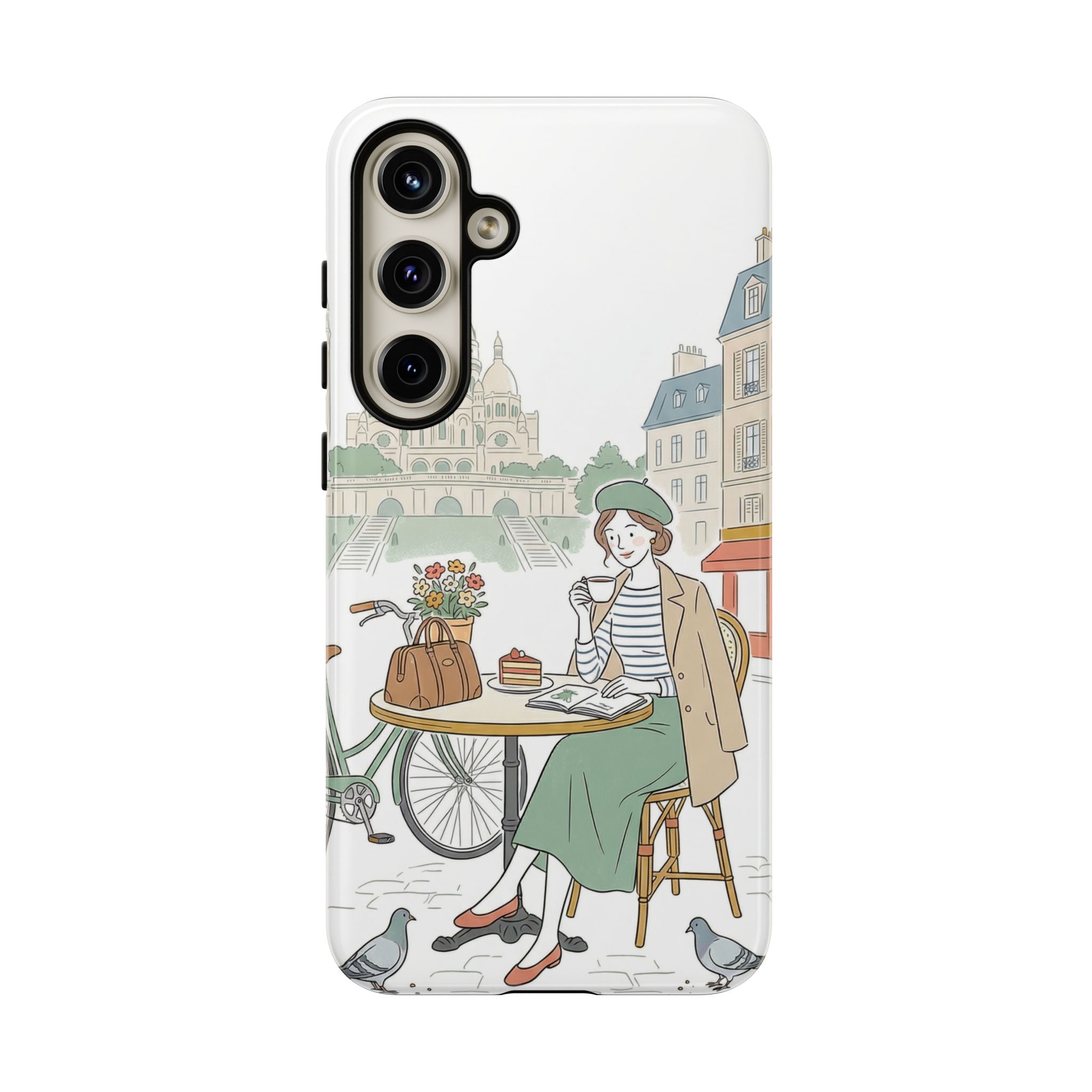 Paris Cafe Illustration Samsung Galaxy Phone Case | Vintage Bicycles & Pigeons Protective Cover