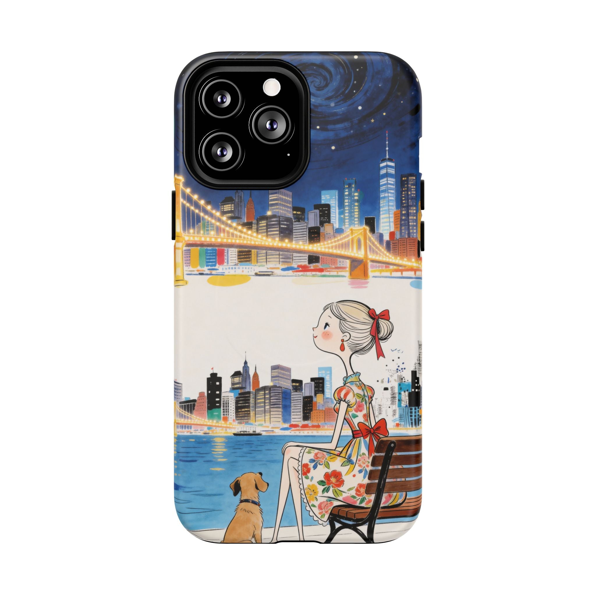City Night MagSafe iPhone Case | Cute Girl & Dog Bench Illustration