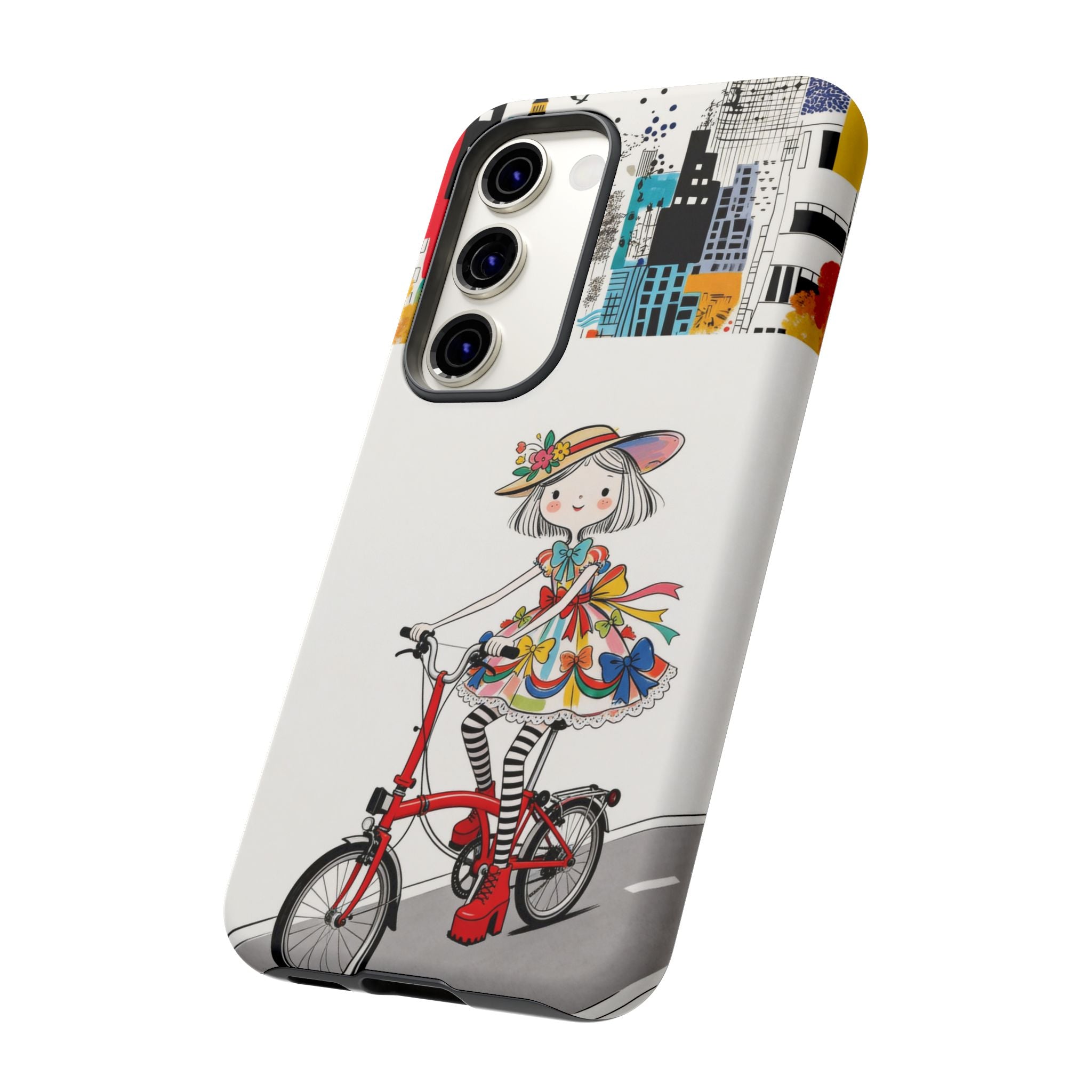Whimsical Girl on Brompton Bicycle Urban Illustration Samsung Galaxy Phone Case