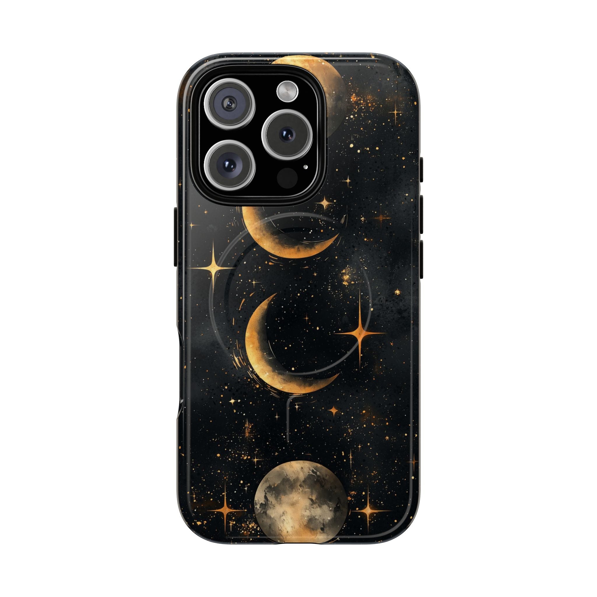 Custodia rigida MagSafe per iPhone con fasi lunari celestiali | Design a forma di galassia con mezzaluna dorata e luna piena