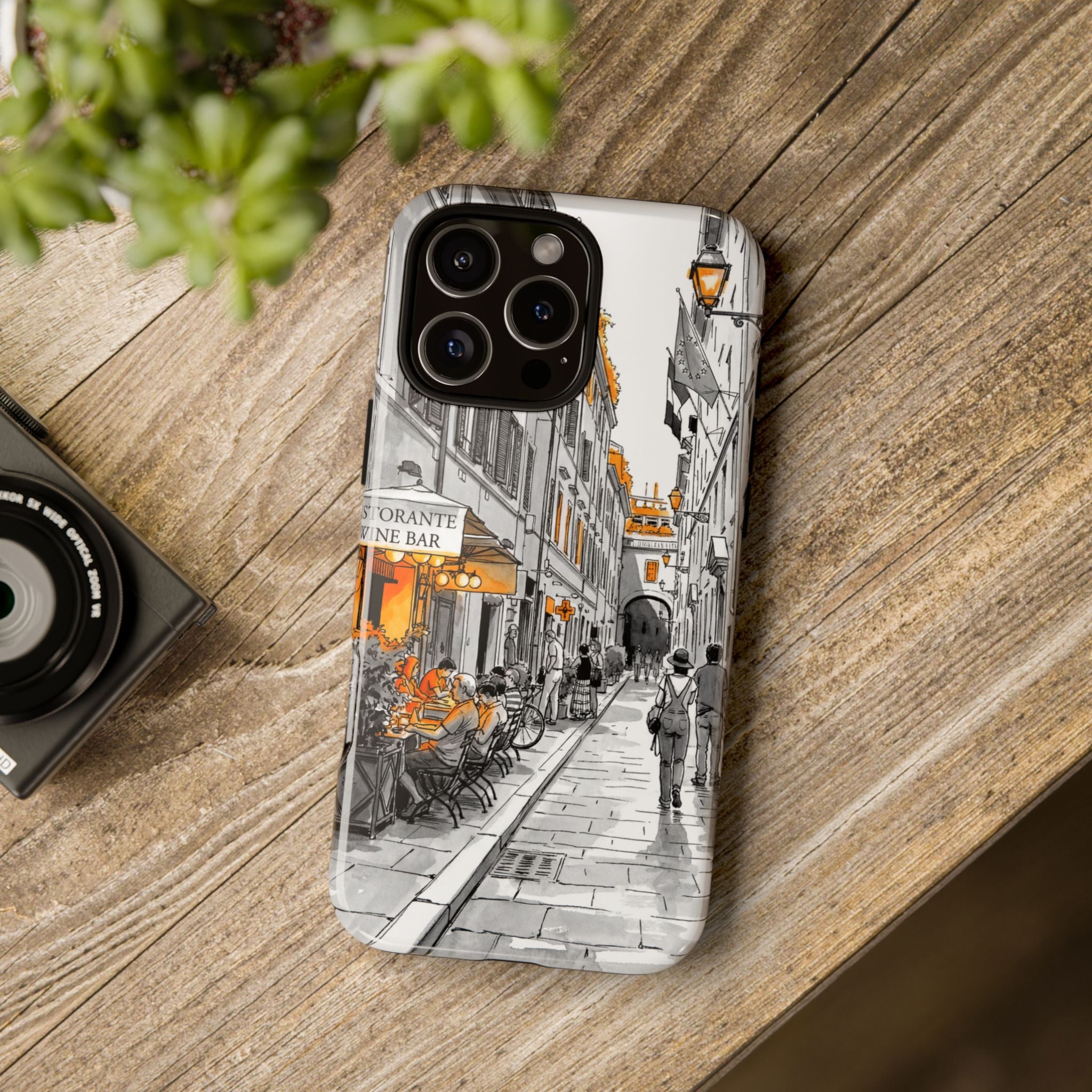 Custodia per iPhone Vintage Italy Street | Schizzo in bianco e nero con dettagli arancioni