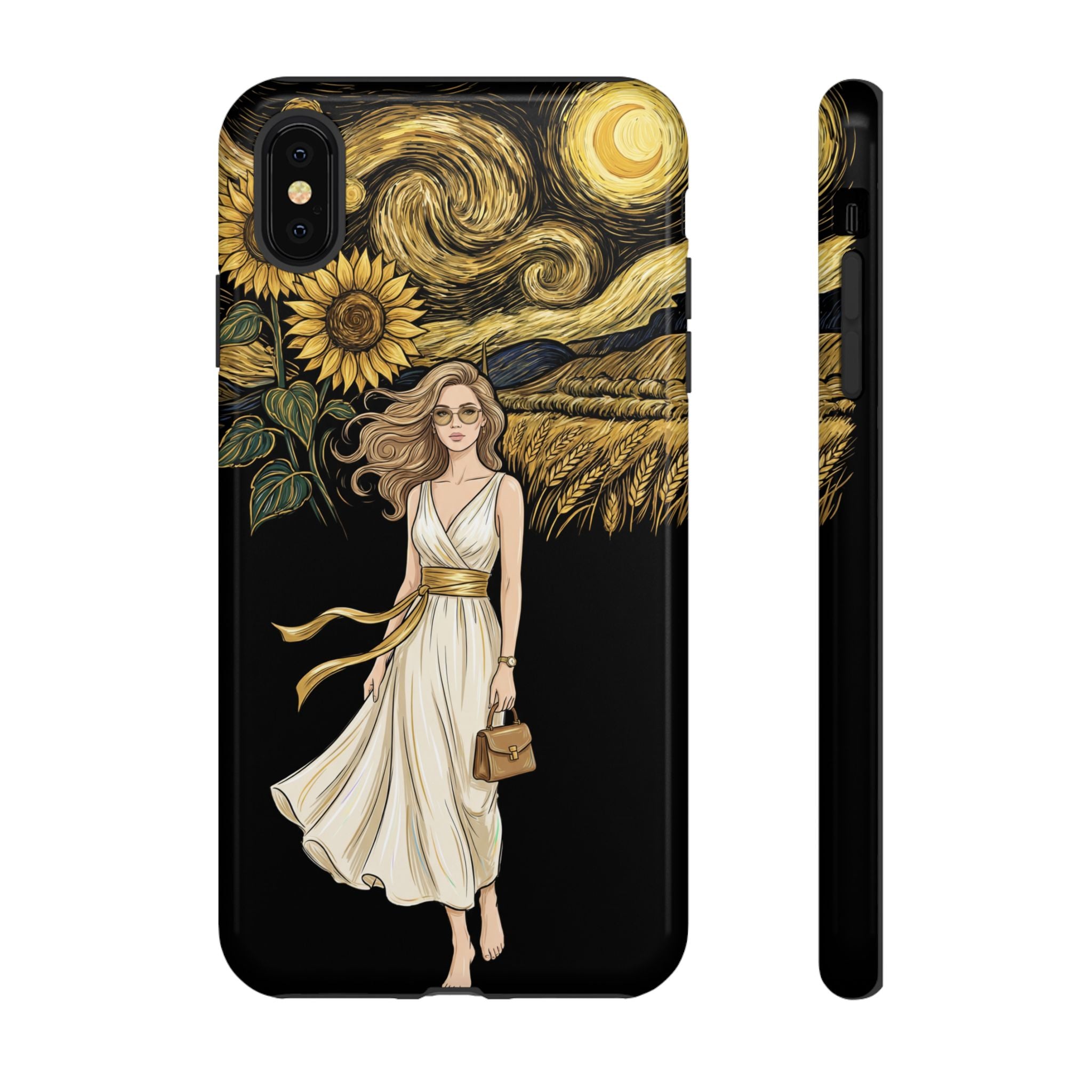 Sunflower Night iPhone Case | Woman in Flowing Dress Van Gogh Style