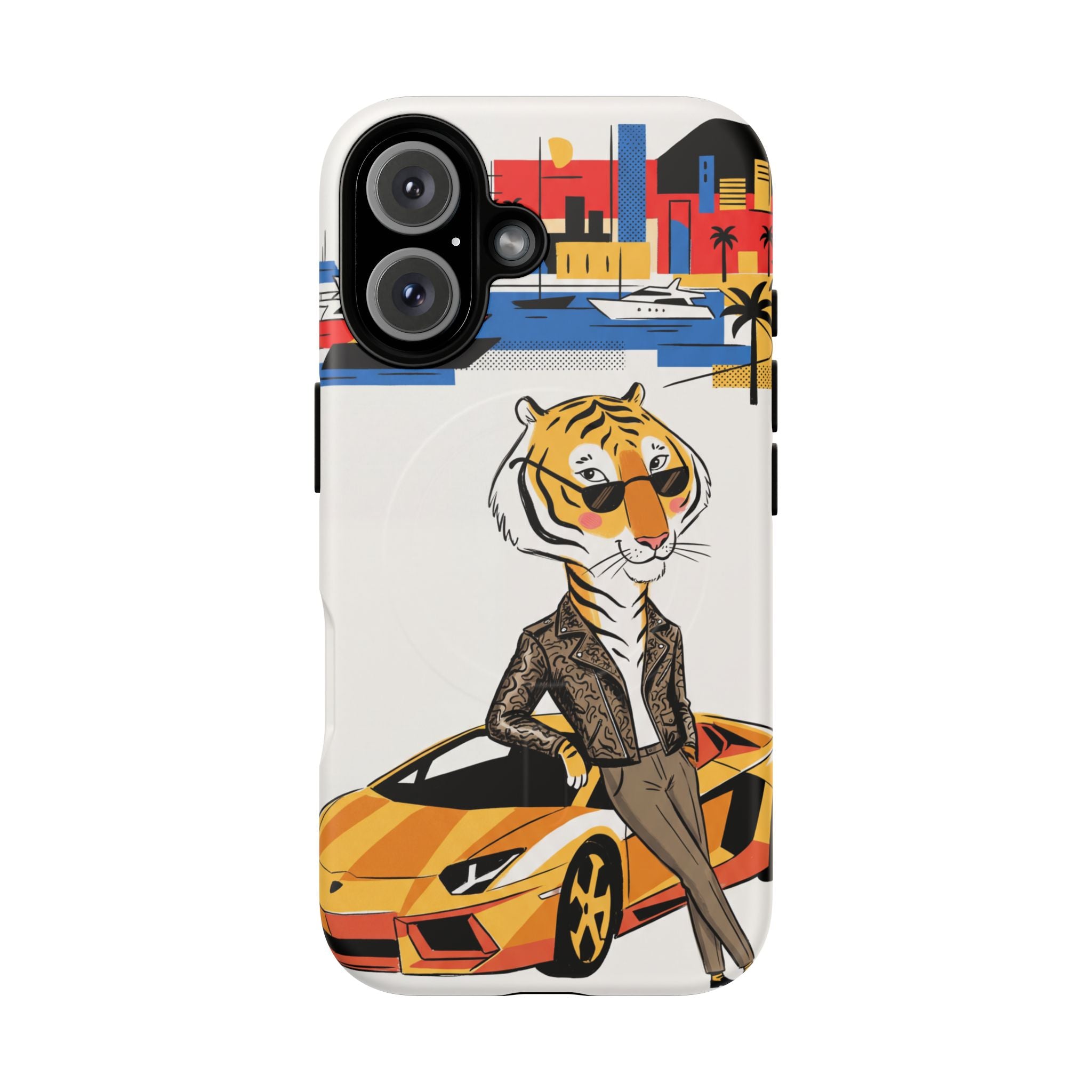 Stylish Tiger with Sports Car Illustration MagSafe iPhone Case