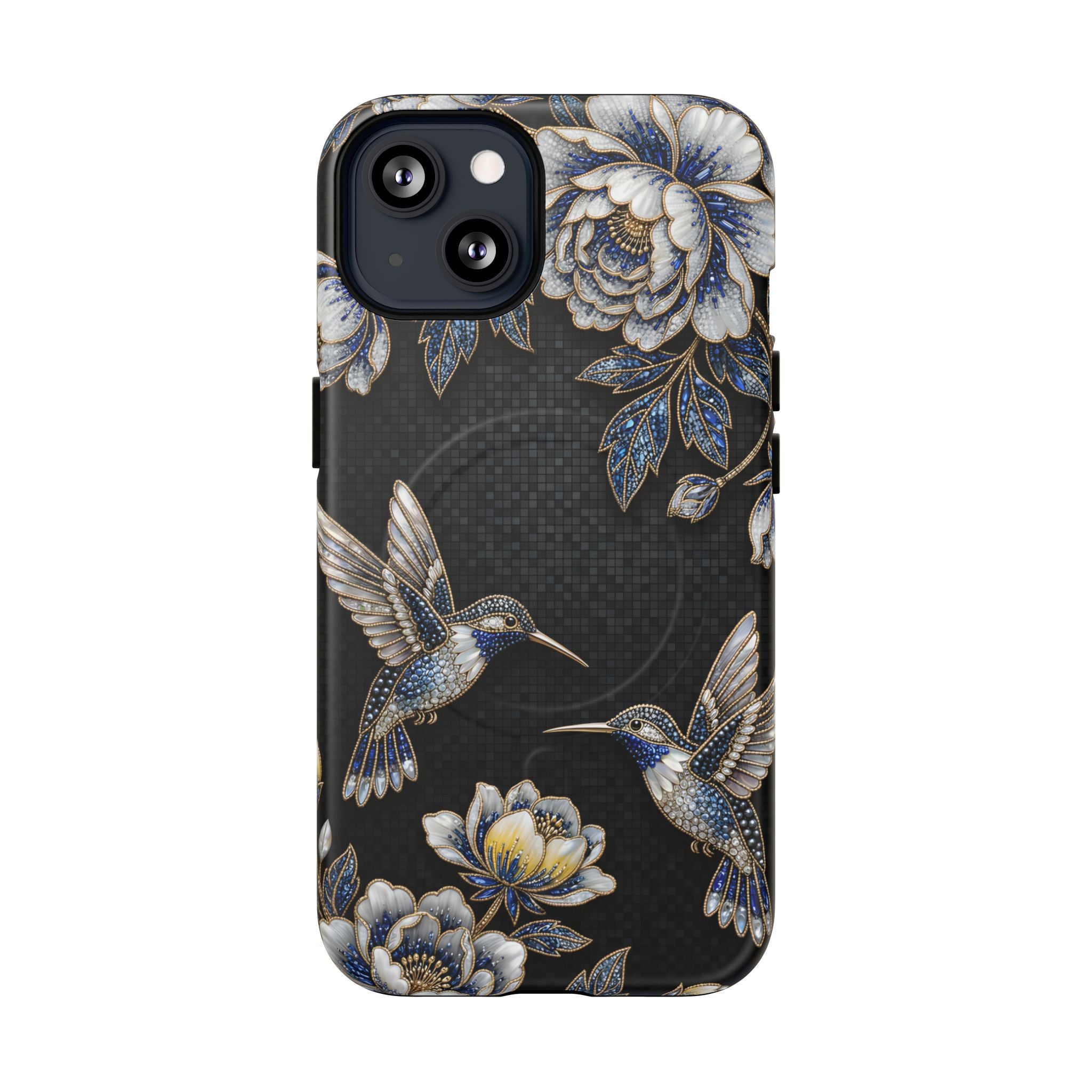 Hummingbird & Peony Floral MagSafe iPhone Case | Elegant Black Protective Cover