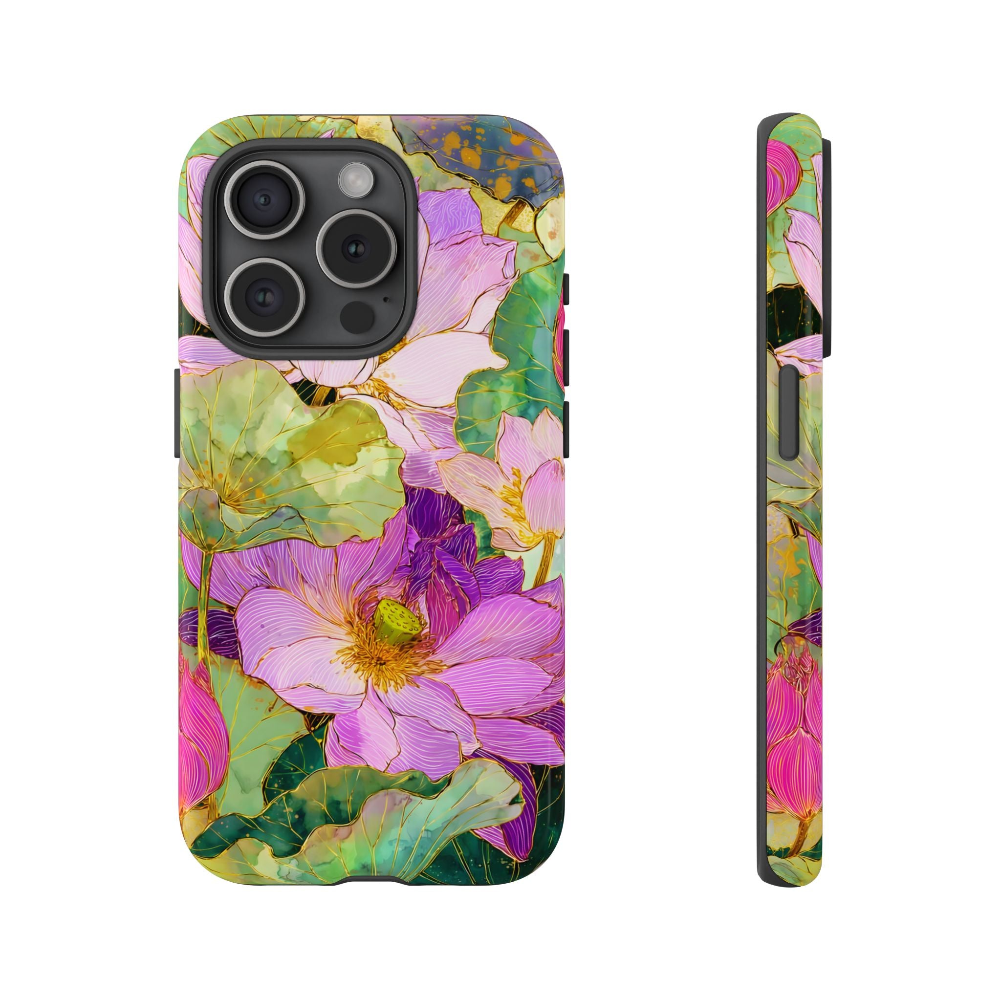 Floral Watercolor Tough iPhone Case | Pink Lotus Garden Protective Cover