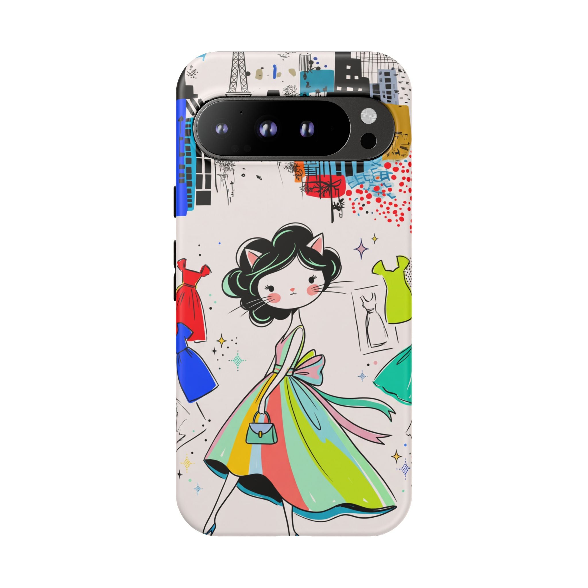 Retro Fashion Cat Girl Google Pixel Phone Case | Cute Dress & City Print