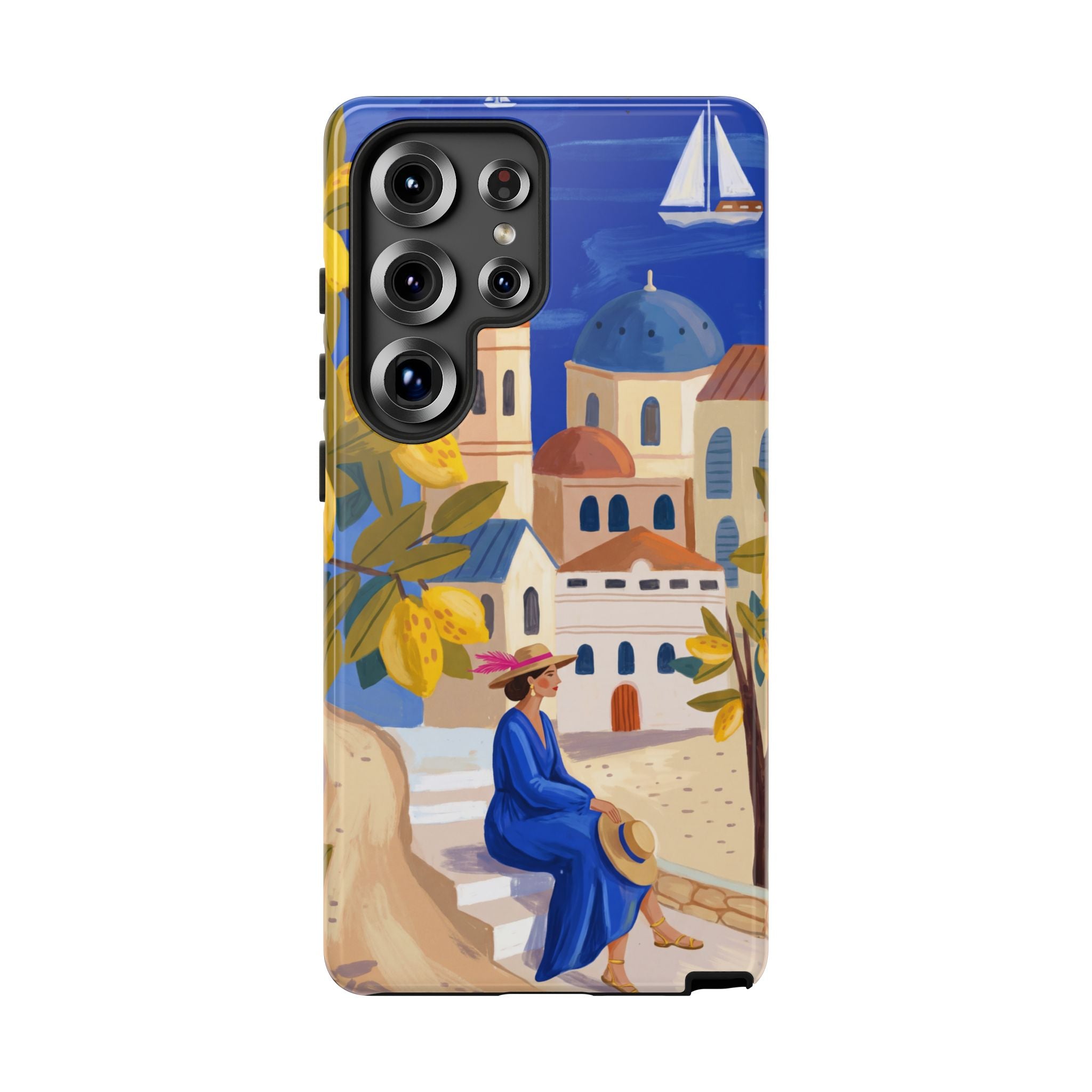 Mediterranean Village Samsung Galaxy Phone Case | Scenic Sailboat & Lemon Grove Design