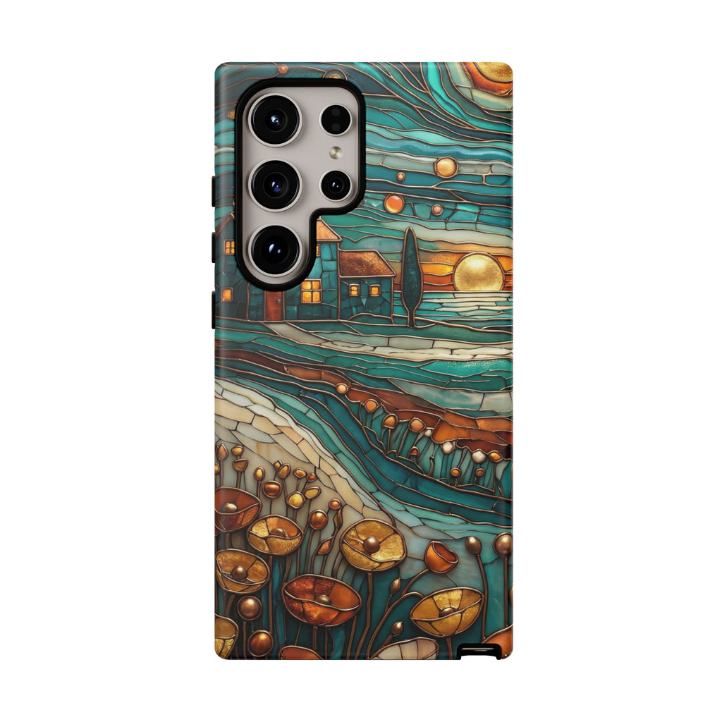 Artistic Sunset Cottage Samsung Galaxy Case | Whimsical Floral Landscape Protective Cover