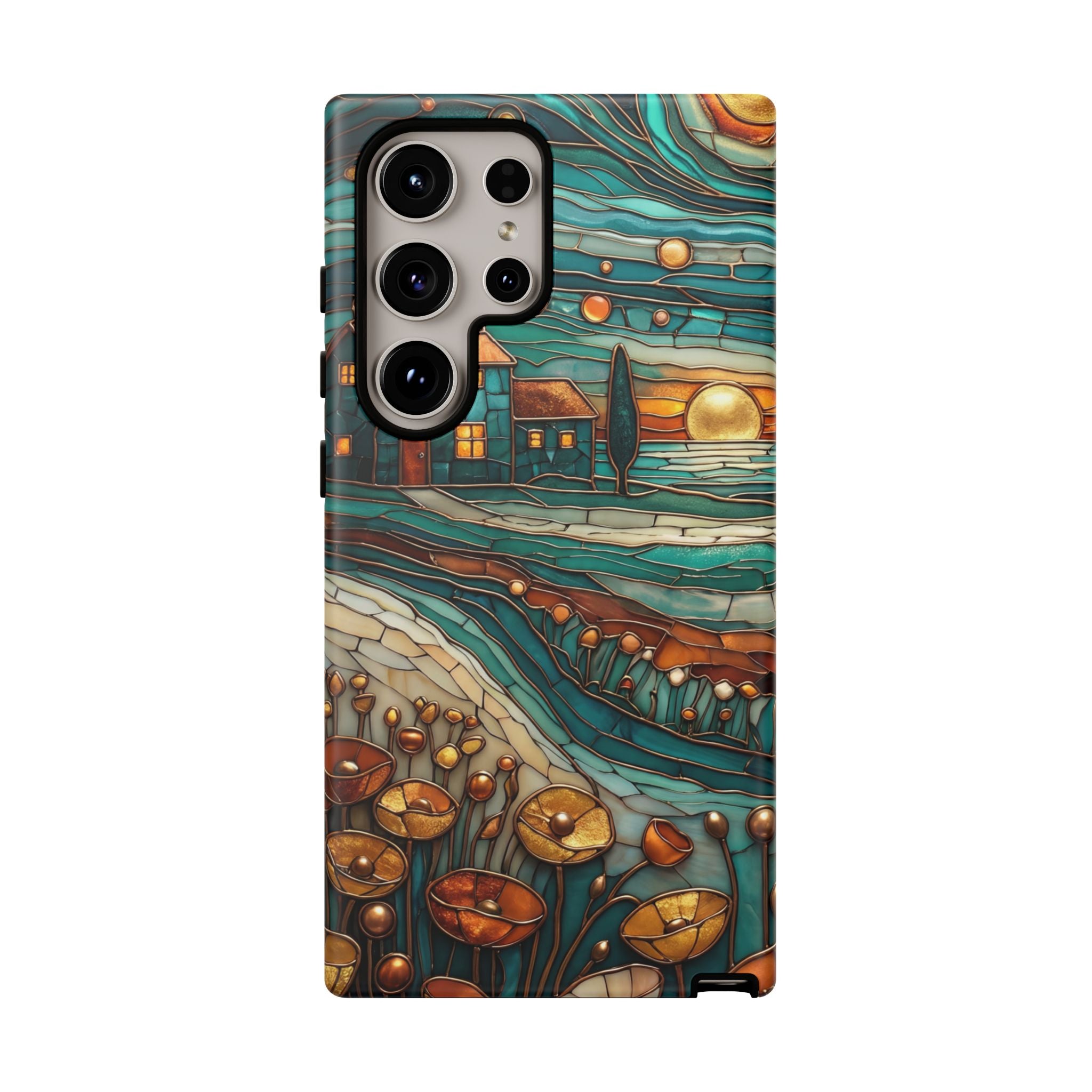 Artistic Sunset Cottage Samsung Galaxy Case | Whimsical Floral Landscape Protective Cover