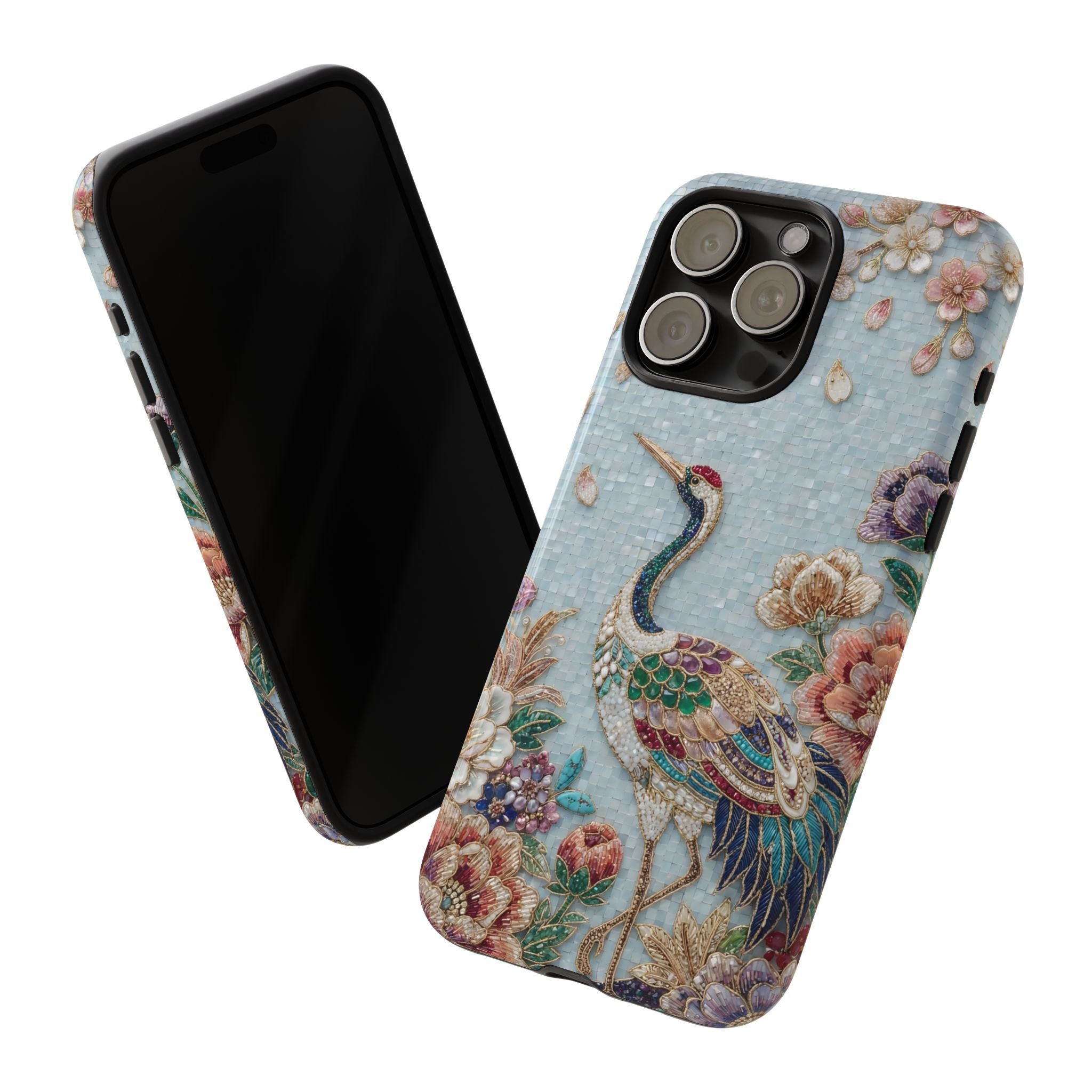Floral Crane Tough iPhone Case | Vintage Embroidered Bird Protection