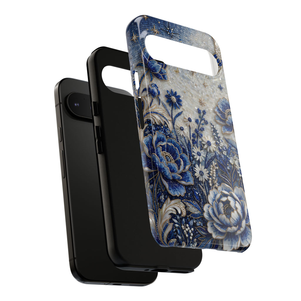 Blue Floral Moon Google Pixel Phone Case | Vintage Botanical Night Sky Protective Case