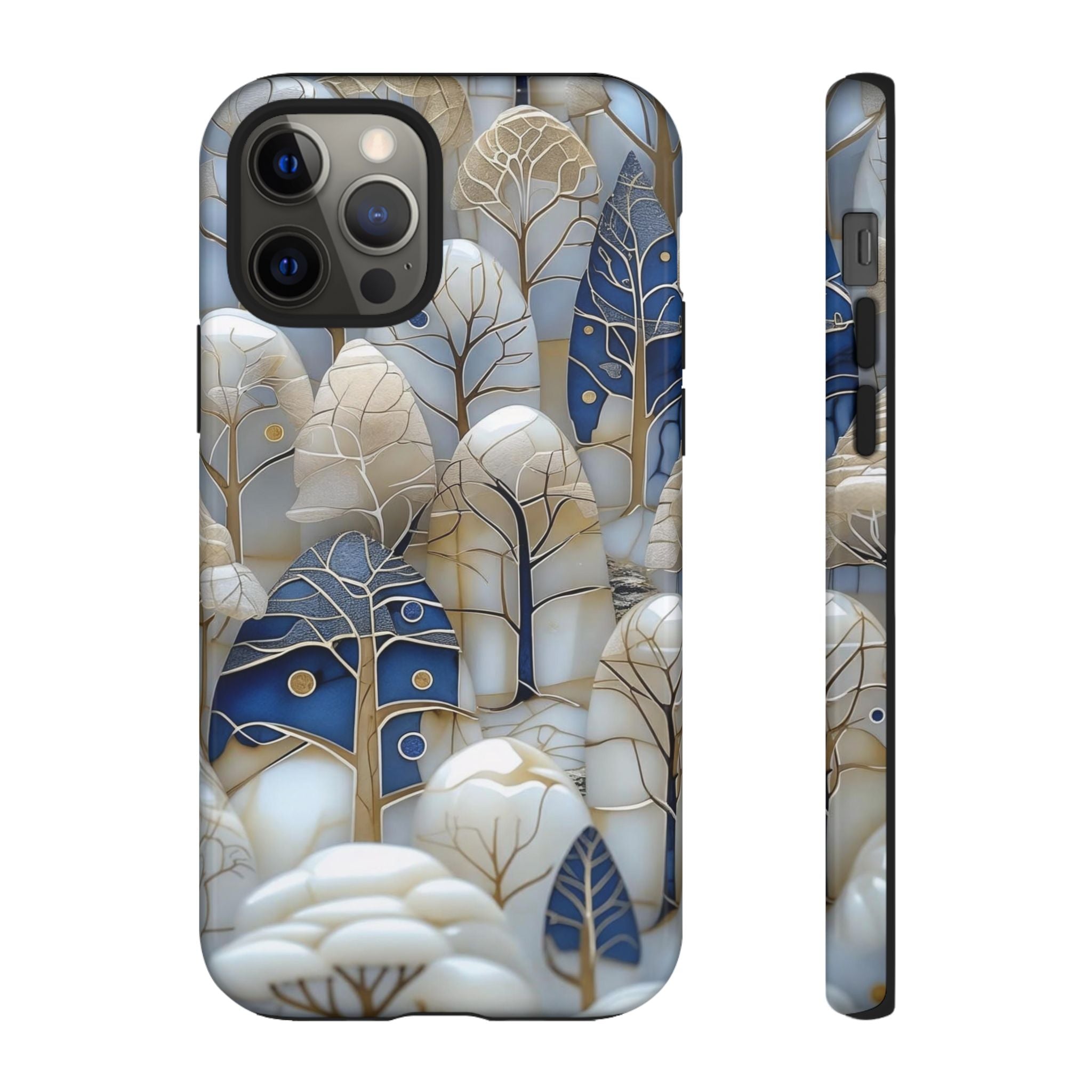 Blue Gold Winter Forest iPhone Case — Elegant Tree Pattern Tough Case