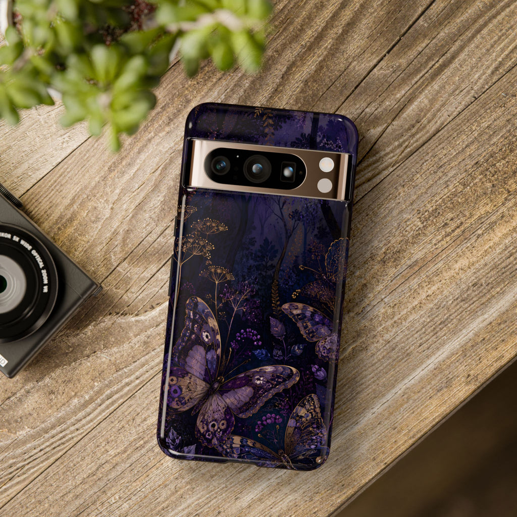 Purple Night Butterflies Google Pixel Phone Case | Moody Purple Floral Cover