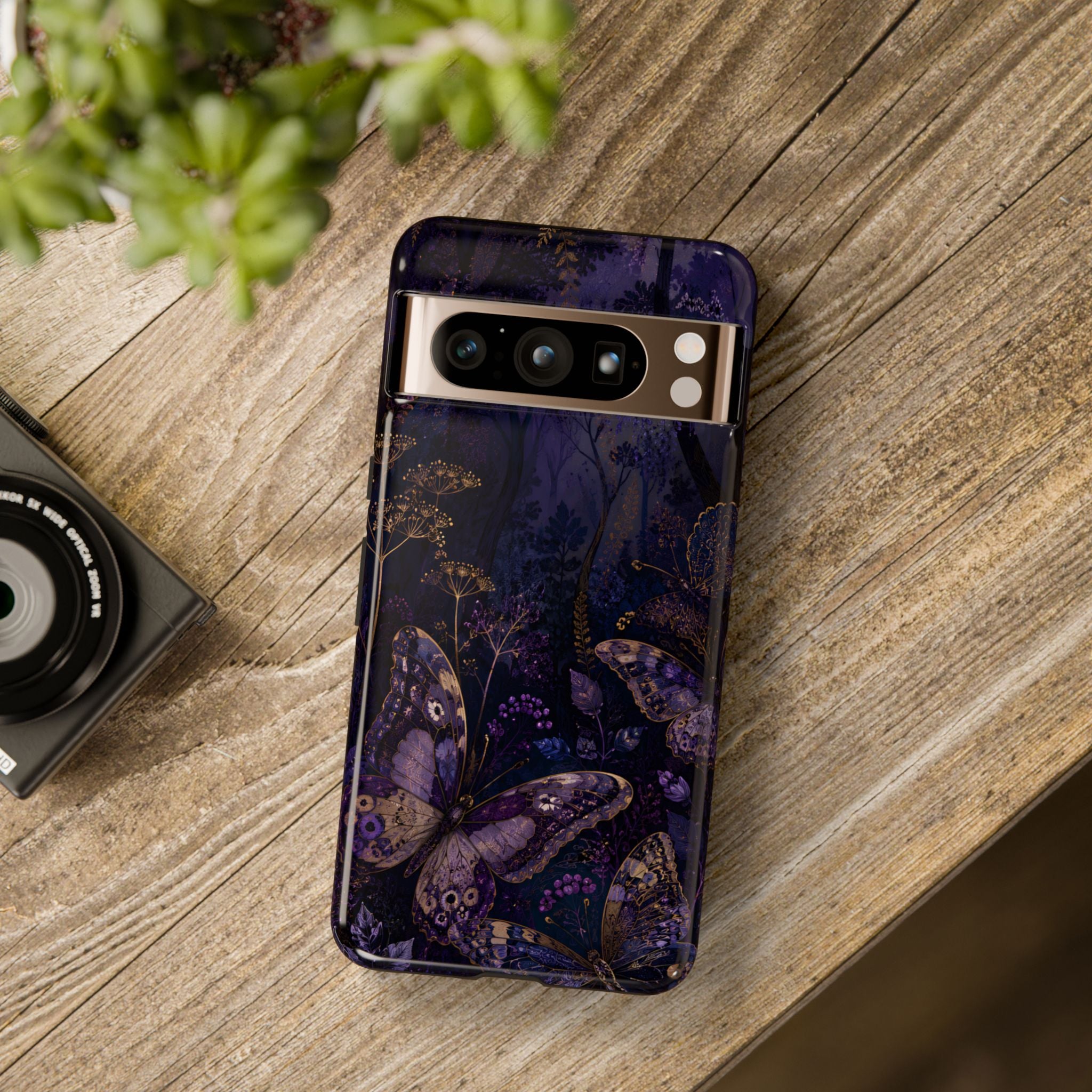 Purple Night Butterflies Google Pixel Phone Case | Moody Purple Floral Cover
