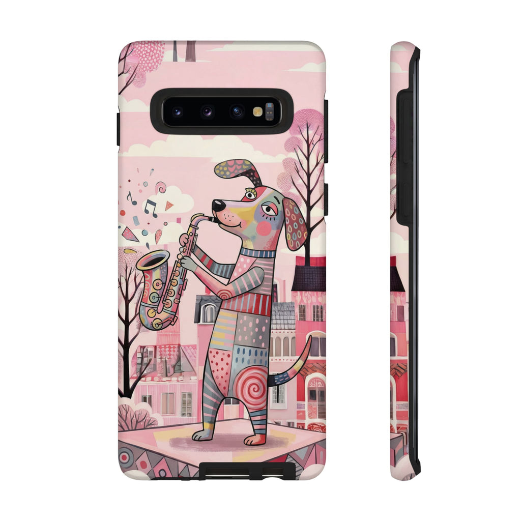 Saxophone Dog Samsung Galaxy Phone Case | Cute Pink Musical Art Protective Case