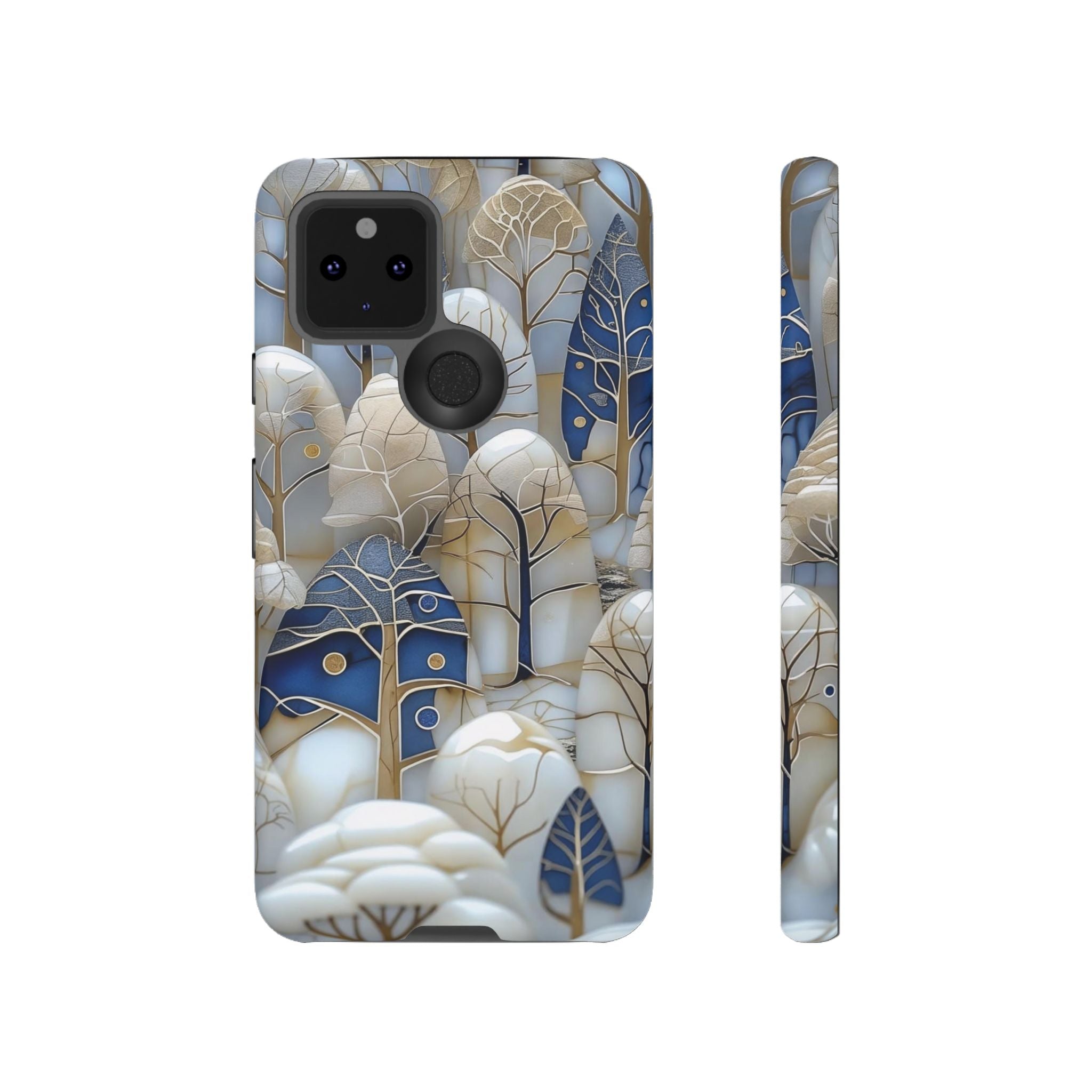 Blue Gold Winter Forest Google Pixel Case — Elegant Tree Pattern Tough Case
