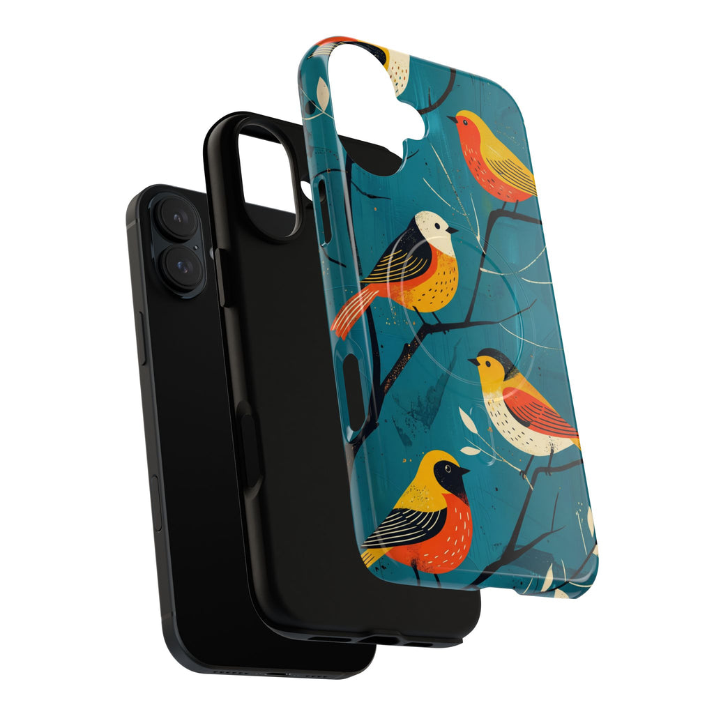 Bird Pattern Tough MagSafe iPhone Case | Colourful Songbirds on Teal Background