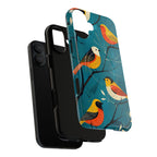 Bird Pattern Tough MagSafe iPhone Case | Colourful Songbirds on Teal Background